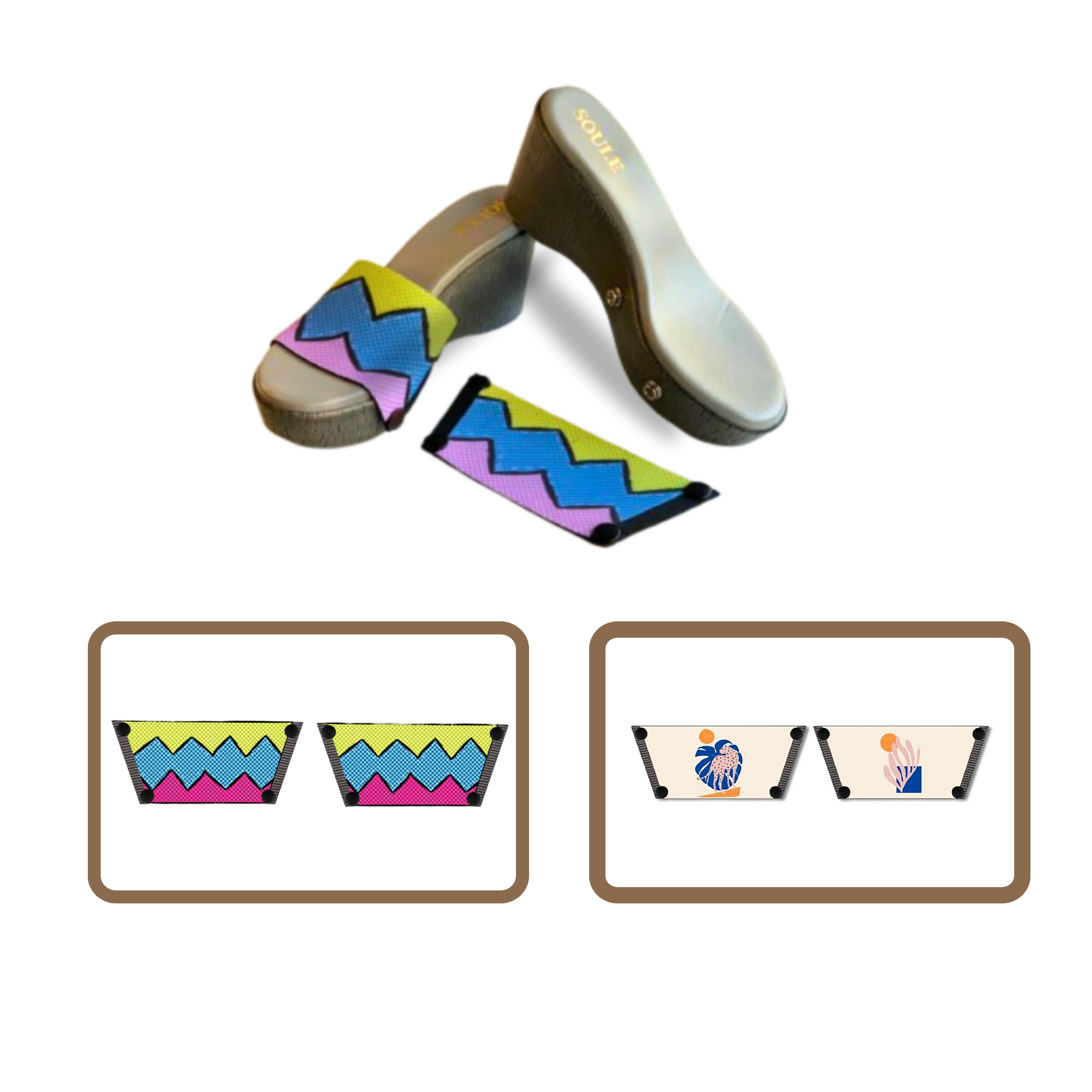 Retro Vibrance + Lush Leaf 1 sole 2 straps interchangeable sandals combo, UK 3-8 — Soule