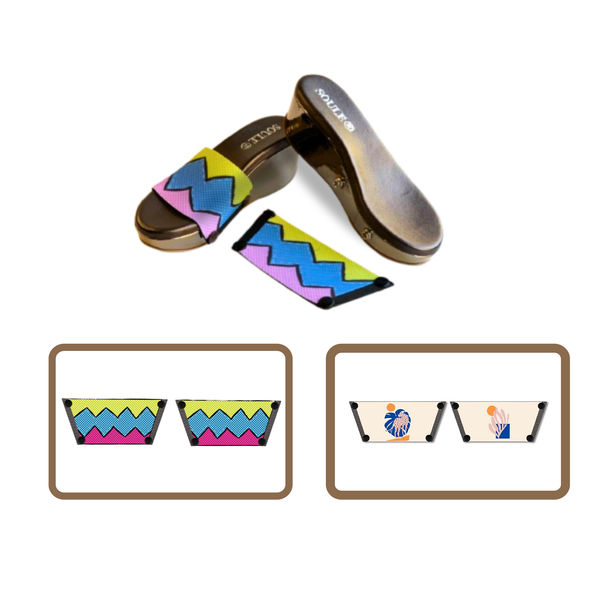 Retro Vibrance + Lush Leaf 1 sole 2 straps interchangeable sandals combo, UK 3-8 — Soule