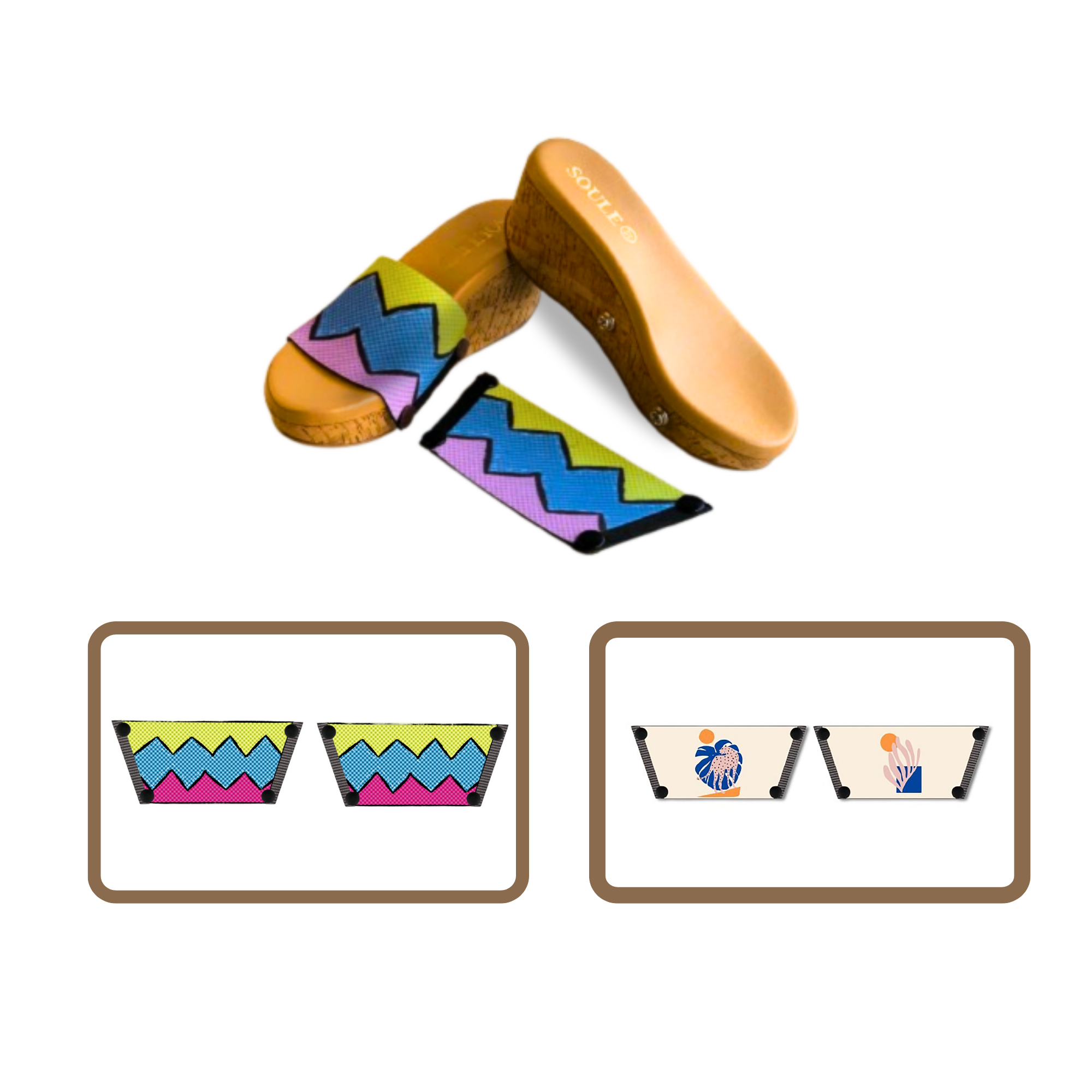 Retro Vibrance + Lush Leaf 1 sole 2 straps interchangeable sandals combo, UK 3-8 — Soule