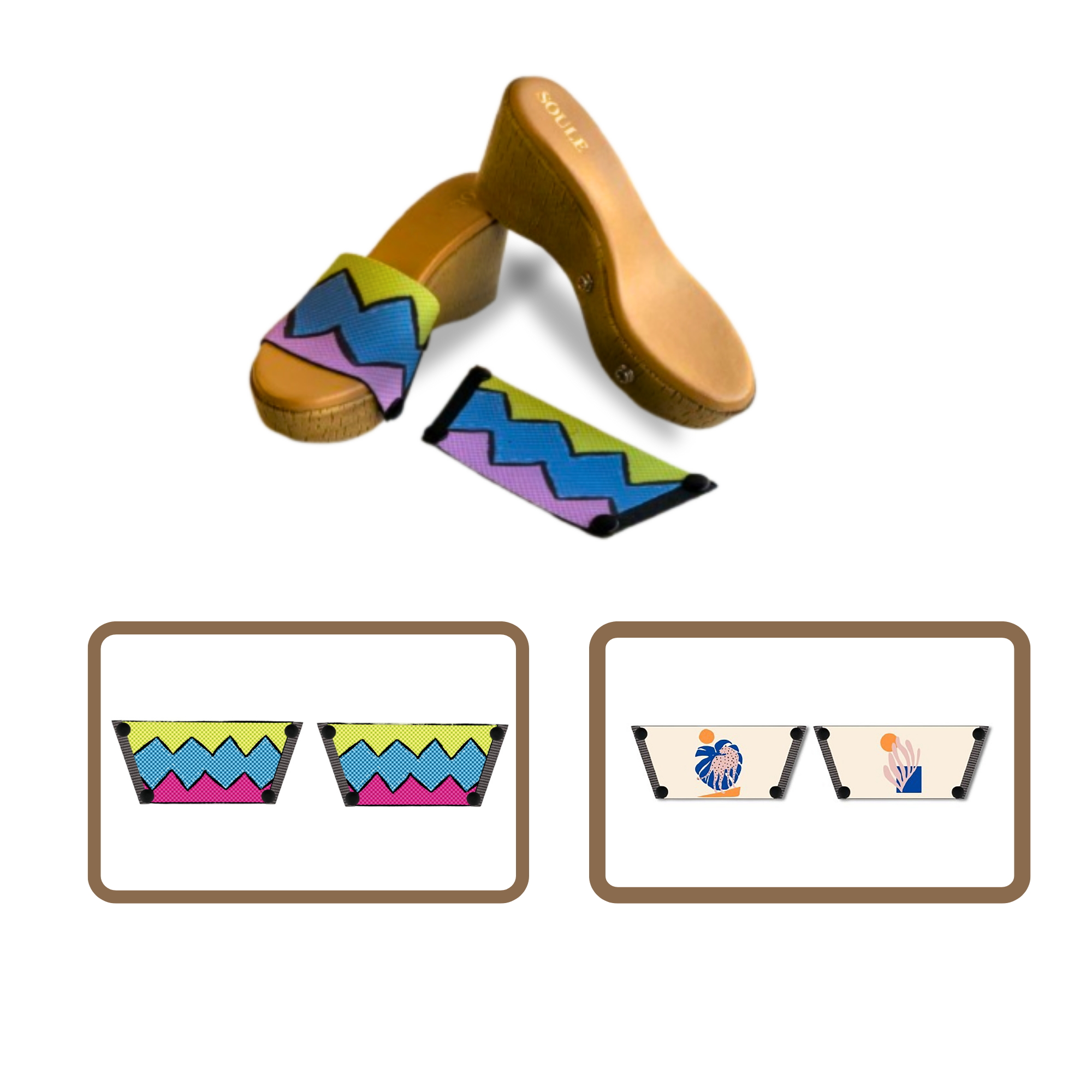 Retro Vibrance + Lush Leaf 1 sole 2 straps interchangeable sandals combo, UK 3-8 — Soule