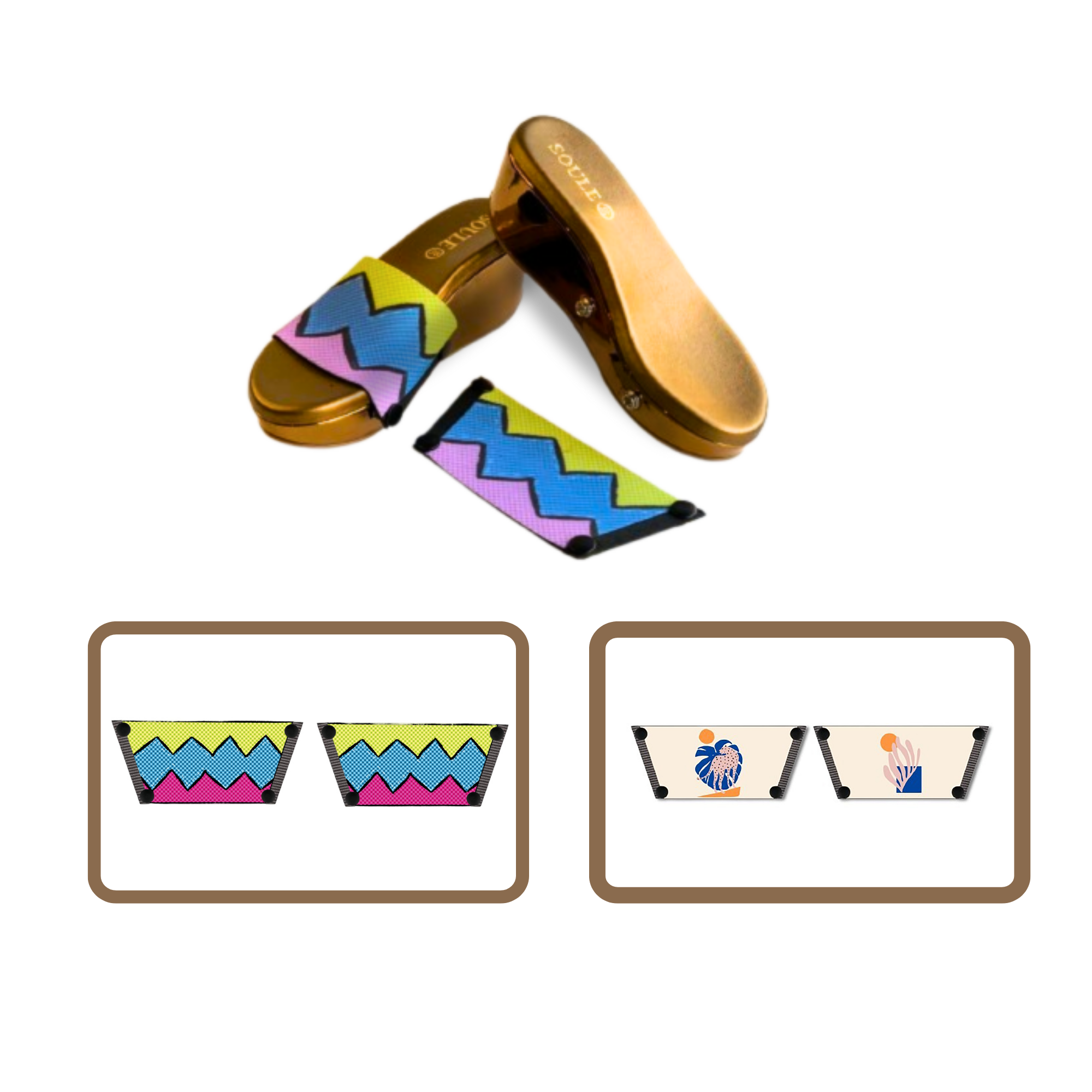 Retro Vibrance + Lush Leaf 1 sole 2 straps interchangeable sandals combo, UK 3-8 — Soule