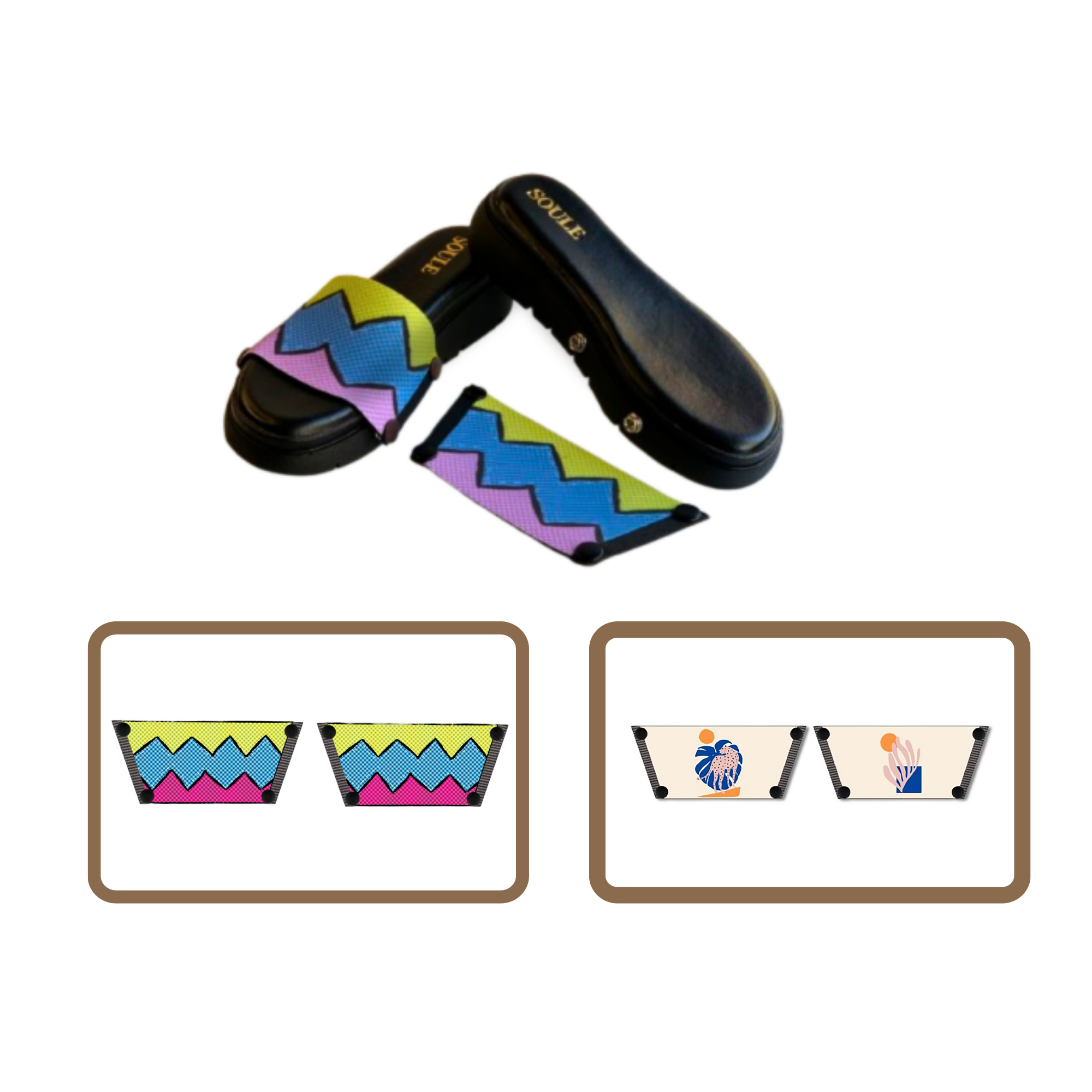 Retro Vibrance + Lush Leaf 1 sole 2 straps interchangeable sandals combo, UK 3-8 — Soule