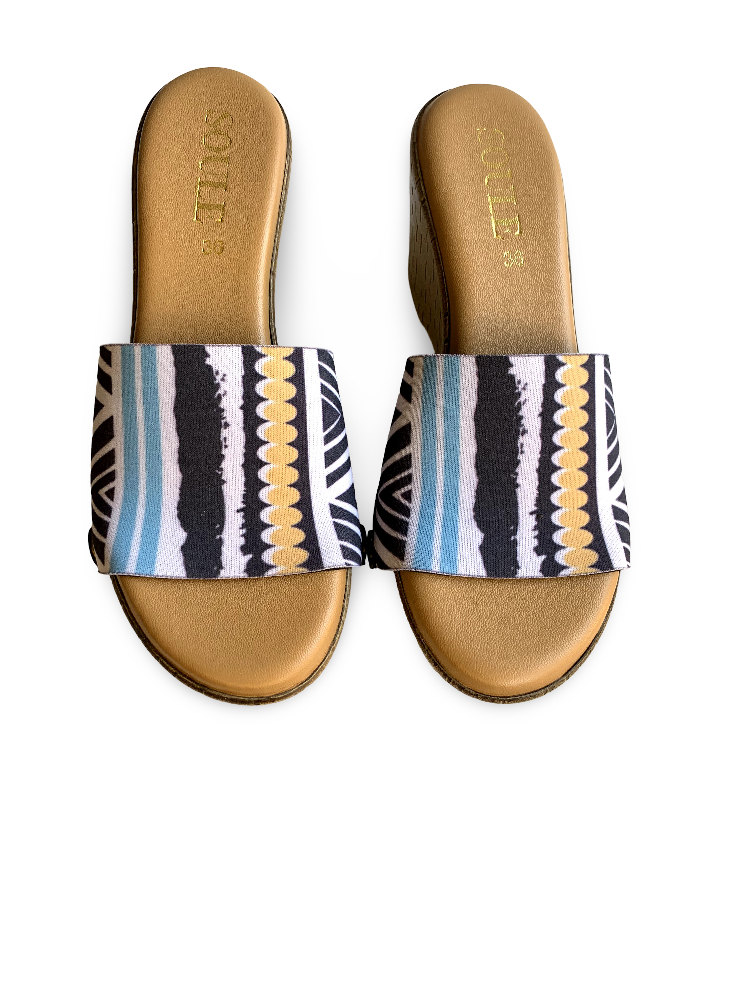 Midnight Maze strap pair — bold Aztec tribal chevron print in black, white, turquoise and gold, by Soule Footwear