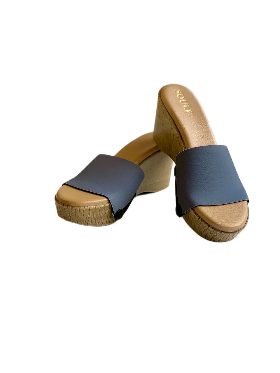 Close-up of plain grey snap-on shoe strap on Soule cork wedge platform sole with black snap buttons
