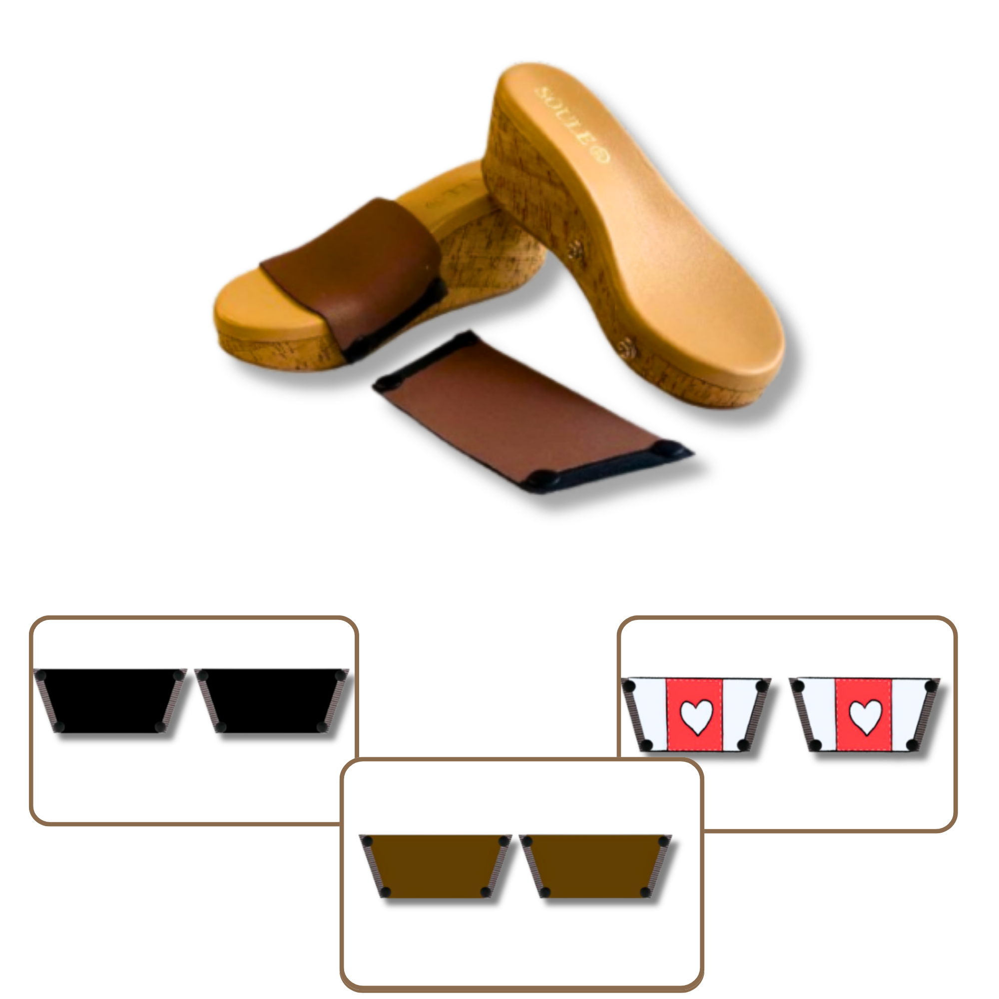 Soule cork wedge sandal shown with mocha strap combination — Love Pop + Midnight Black + Mocha Essence combo