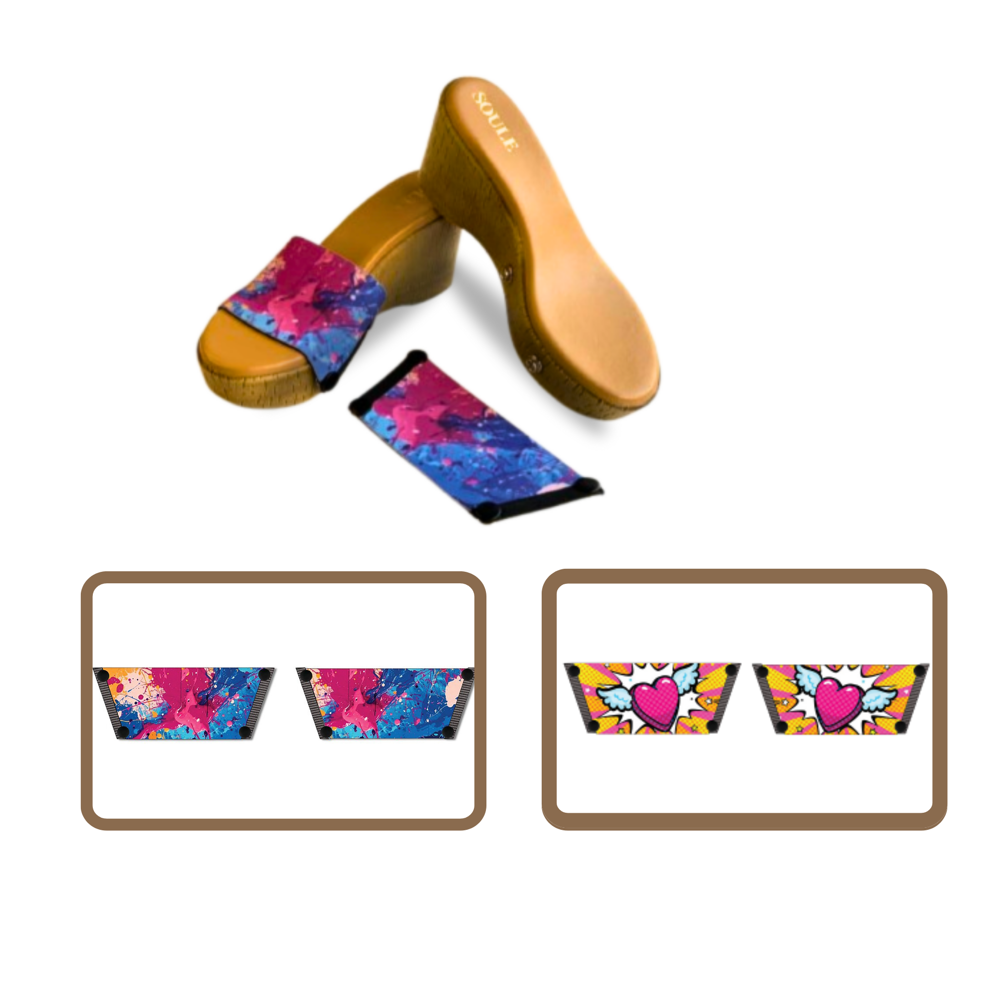 Vibrant Fluid Art + Heart Wings 1 sole 2 straps interchangeable sandals combo, UK 3-8 — Soule