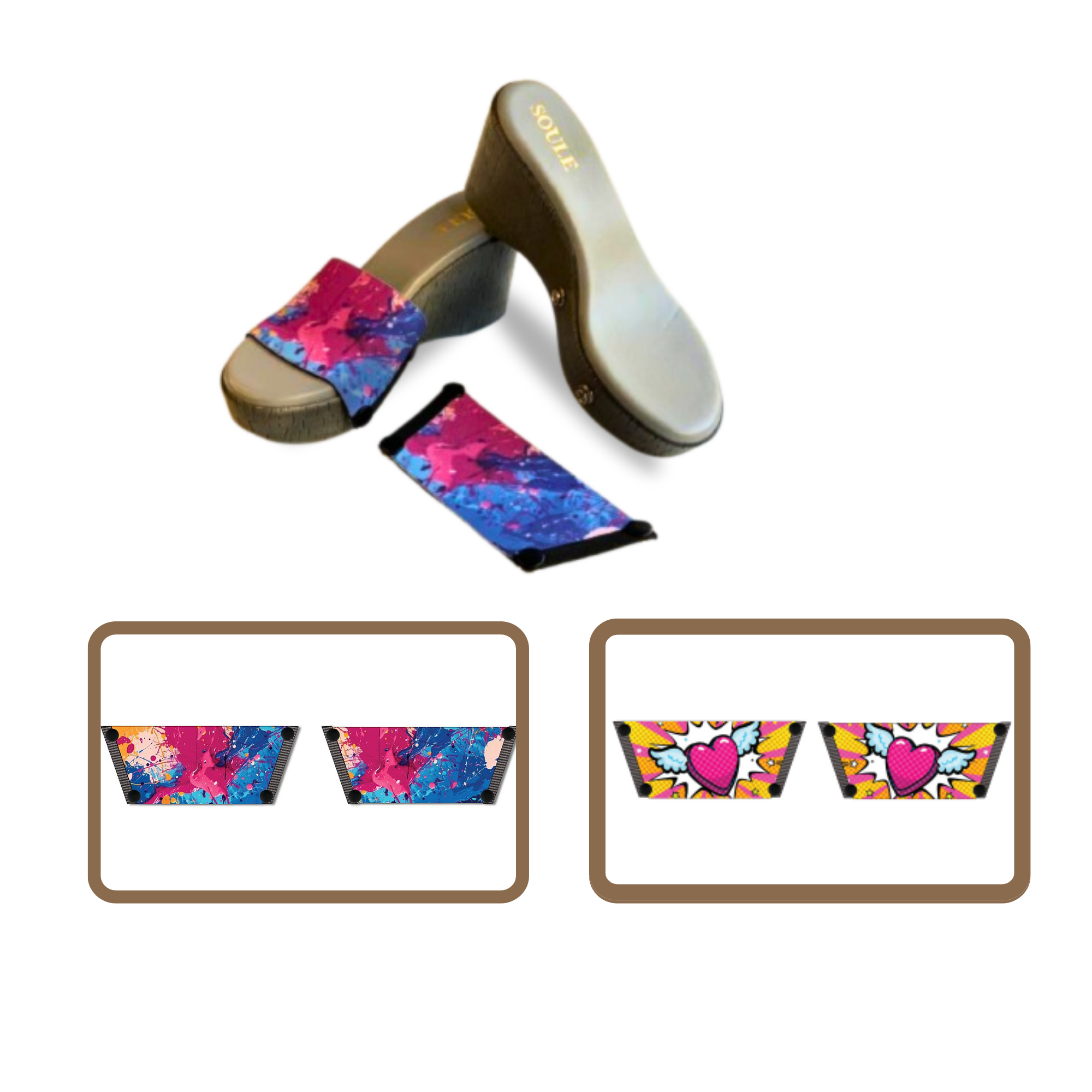 Vibrant Fluid Art + Heart Wings 1 sole 2 straps interchangeable sandals combo, UK 3-8 — Soule