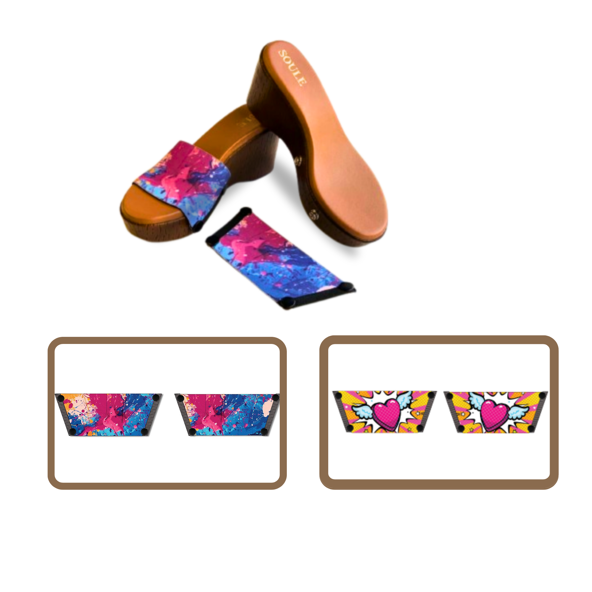 Vibrant Fluid Art + Heart Wings 1 sole 2 straps interchangeable sandals combo, UK 3-8 — Soule