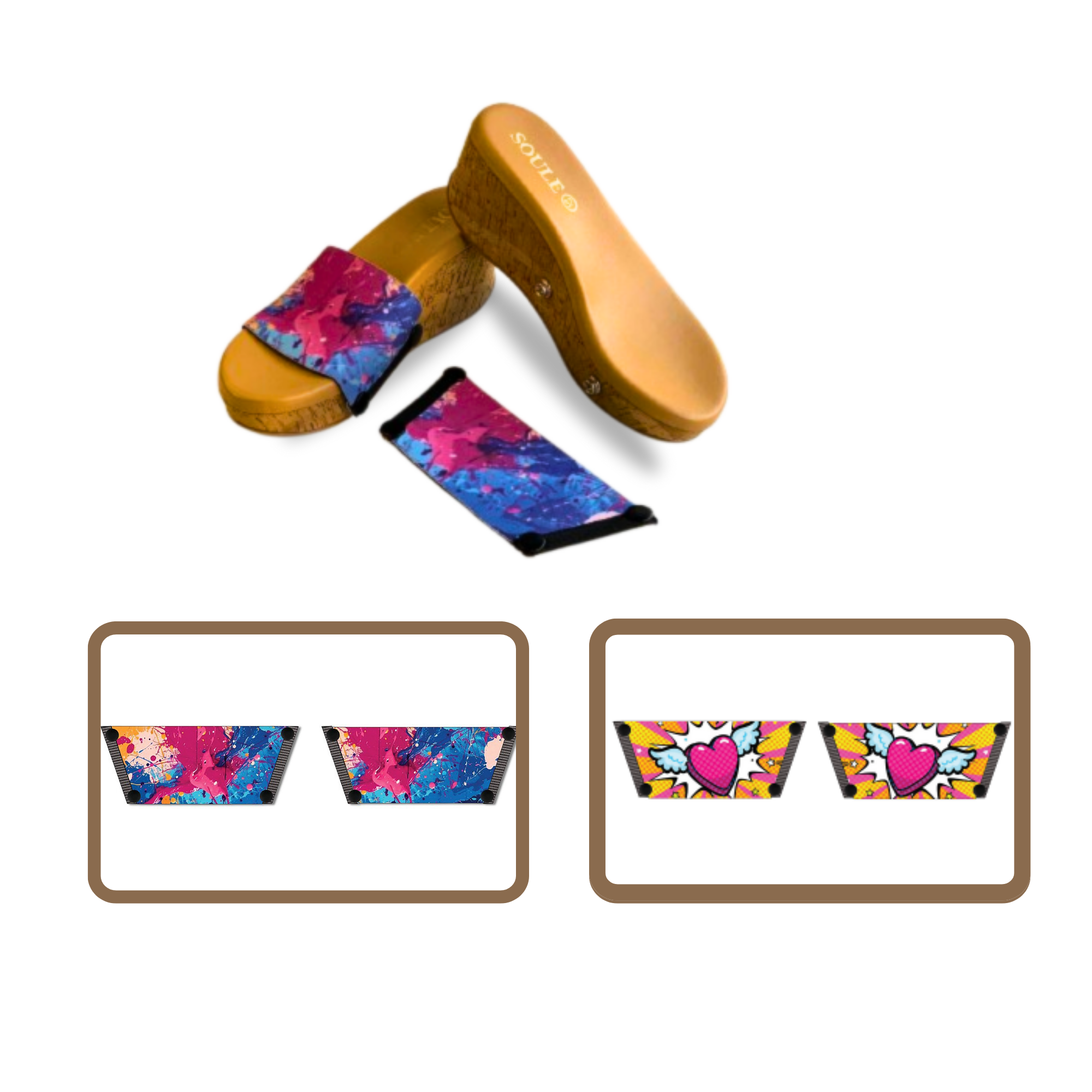 Vibrant Fluid Art + Heart Wings 1 sole 2 straps interchangeable sandals combo, UK 3-8 — Soule