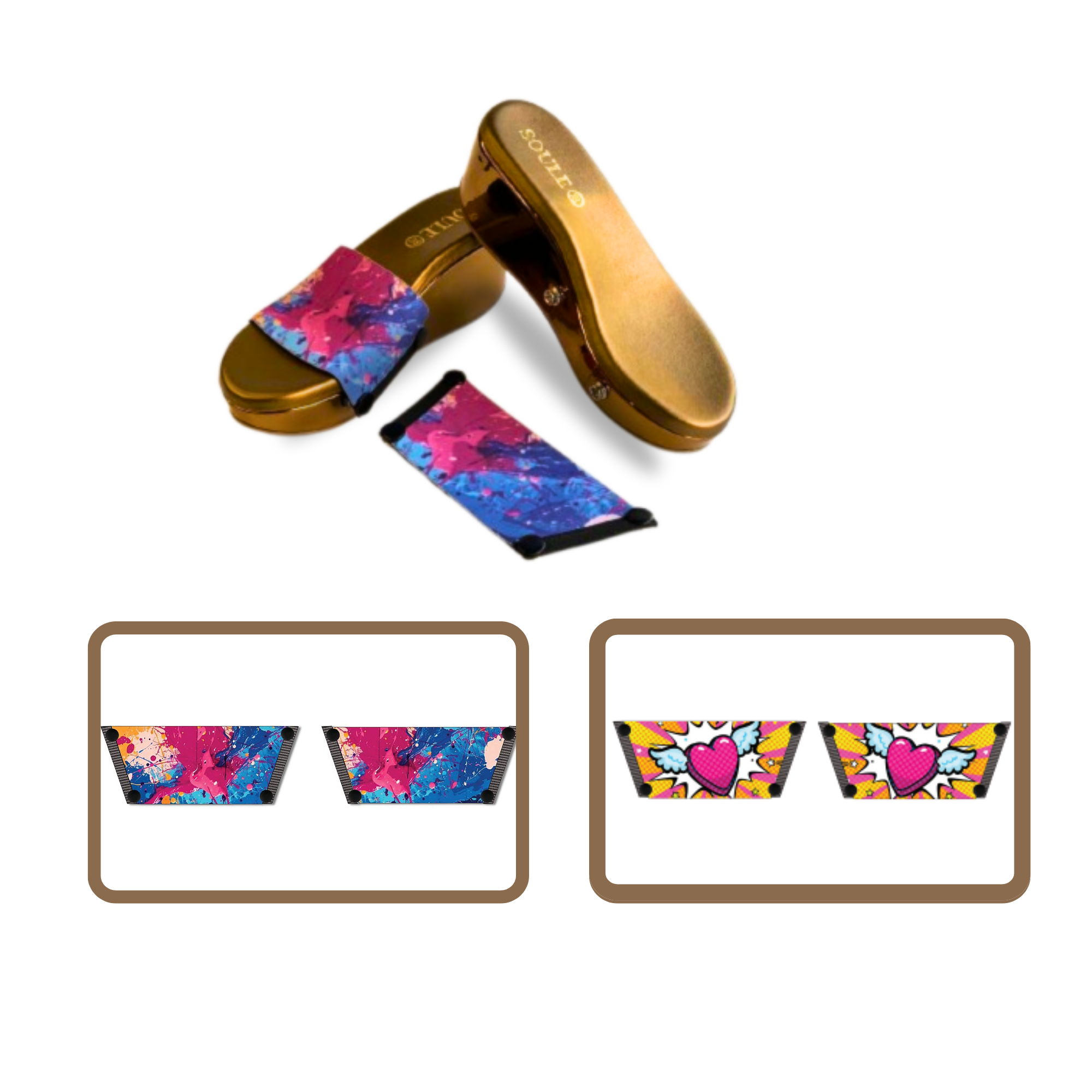 Vibrant Fluid Art + Heart Wings 1 sole 2 straps interchangeable sandals combo, UK 3-8 — Soule