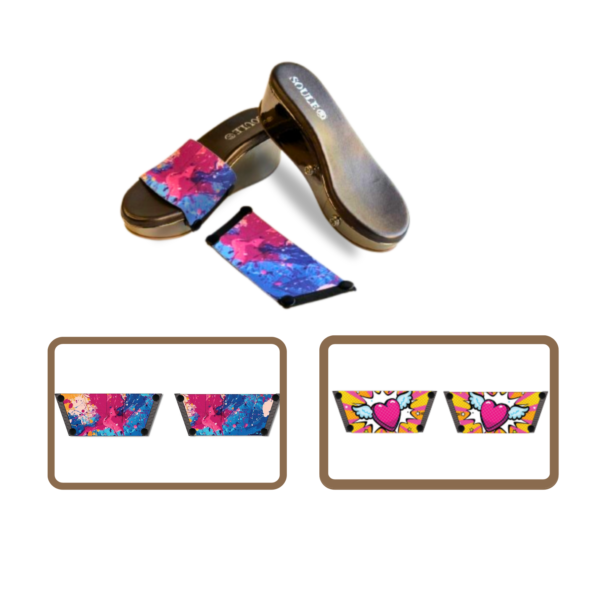 Vibrant Fluid Art + Heart Wings 1 sole 2 straps interchangeable sandals combo, UK 3-8 — Soule