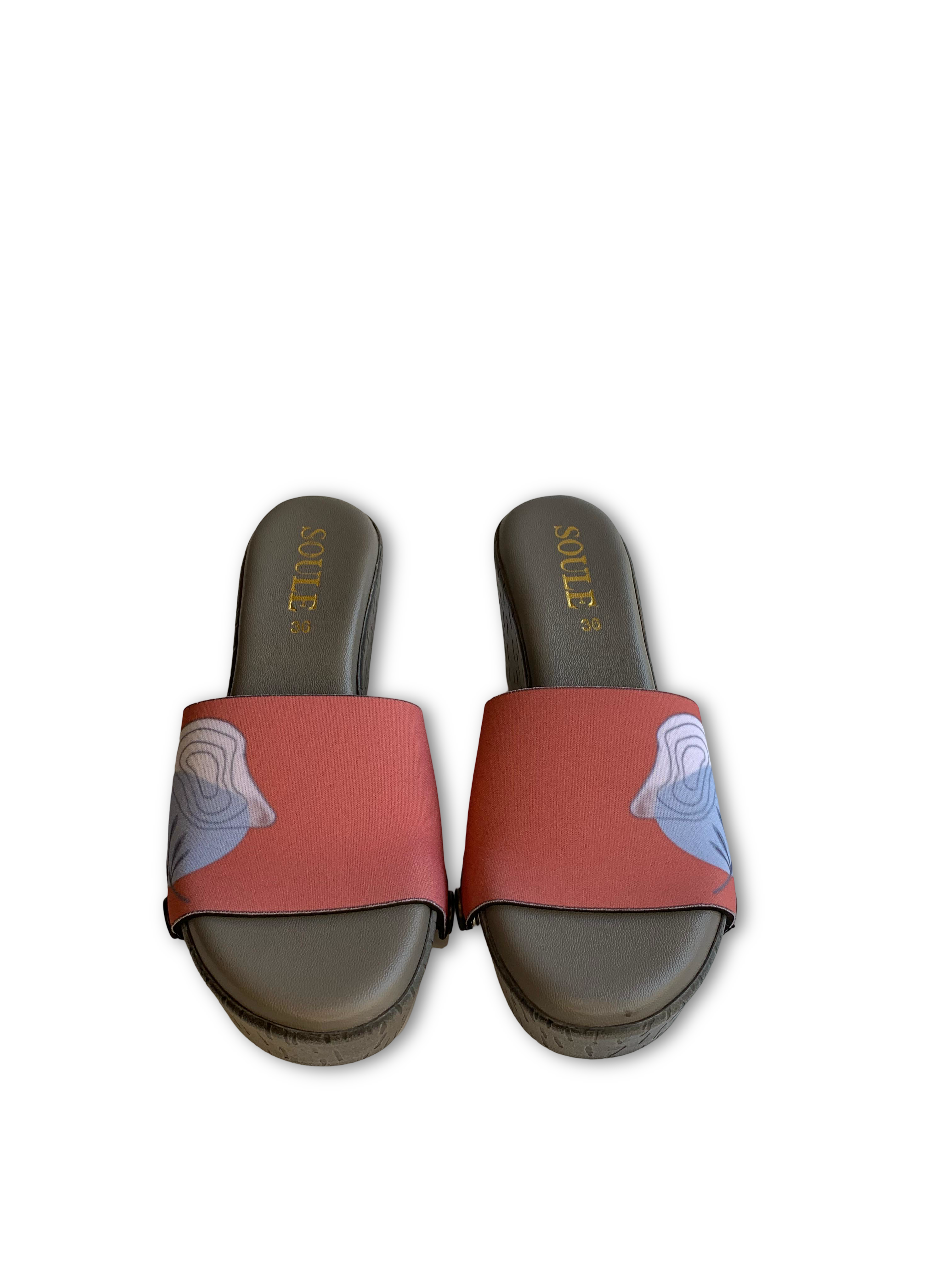 Elegant Modern Art snap-on shoe strap close-up on cork wedge - coral pink with white wave forms by Soule