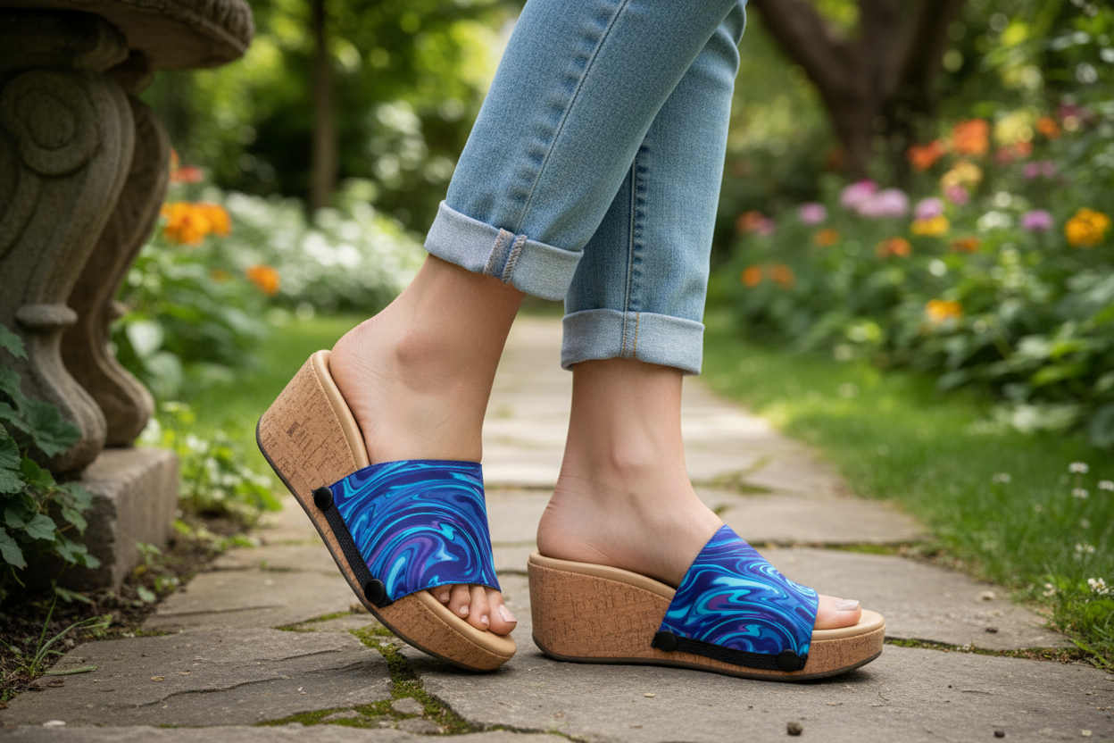 Mid shot — full sandal on foot in denim