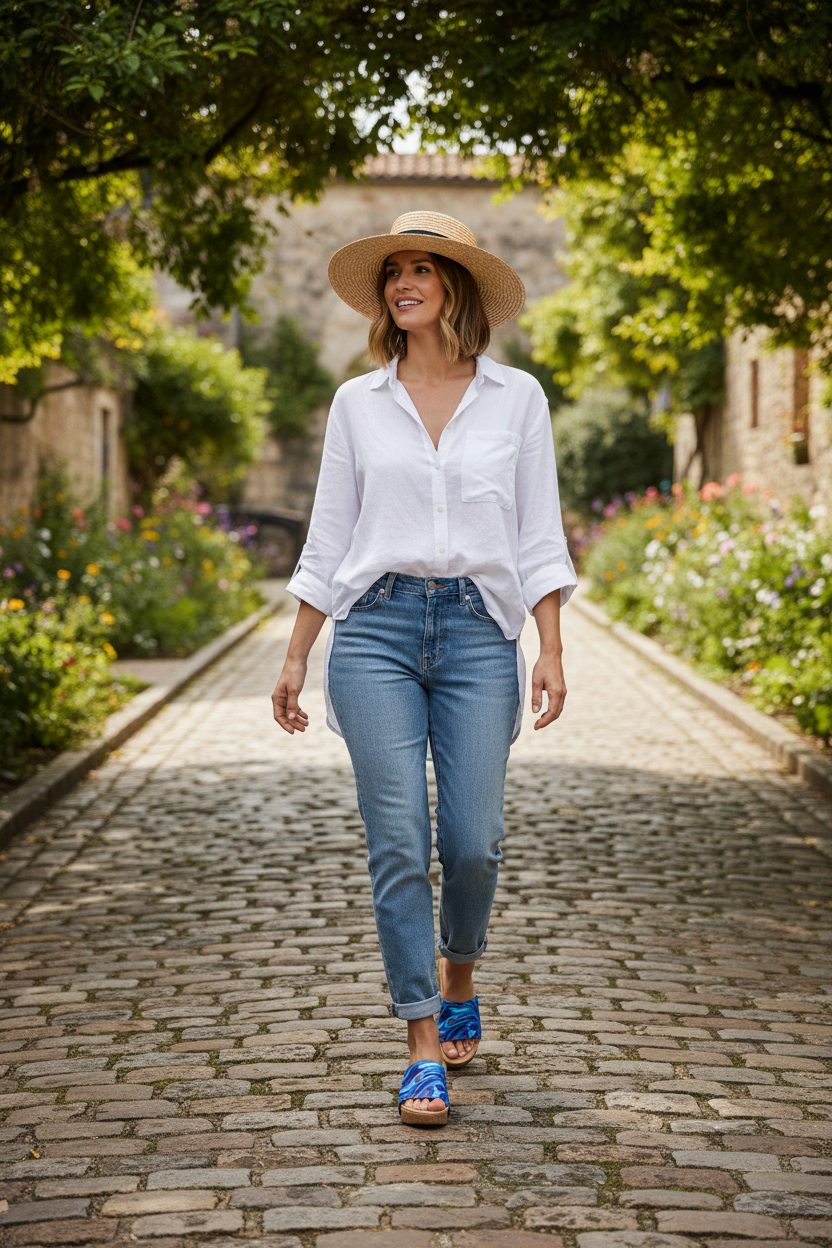 Full length — woman in denim walking outdoors