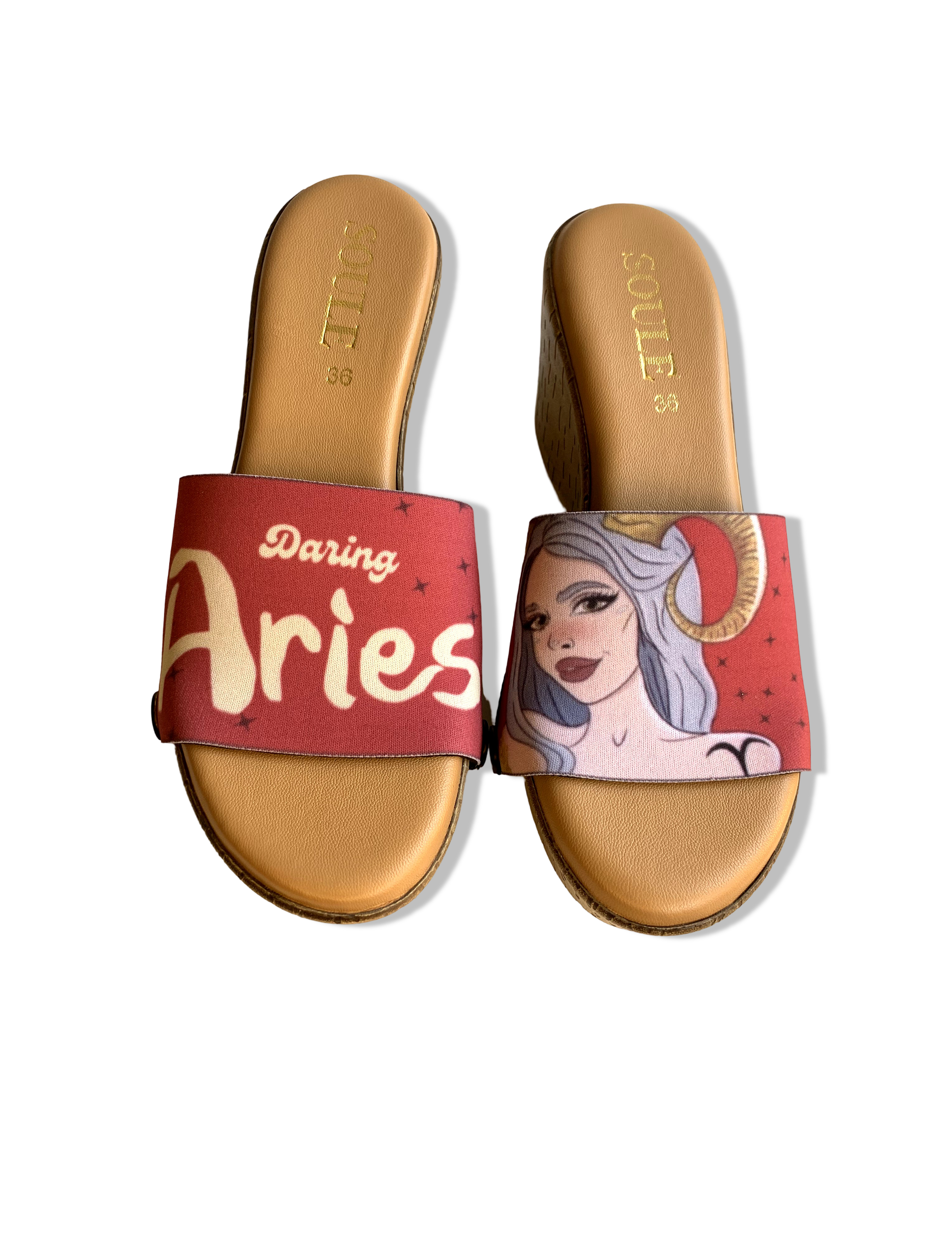  vivid red Daring Aries zodiac strap on brown wedge heels with gold text on white background by Soule Footwear