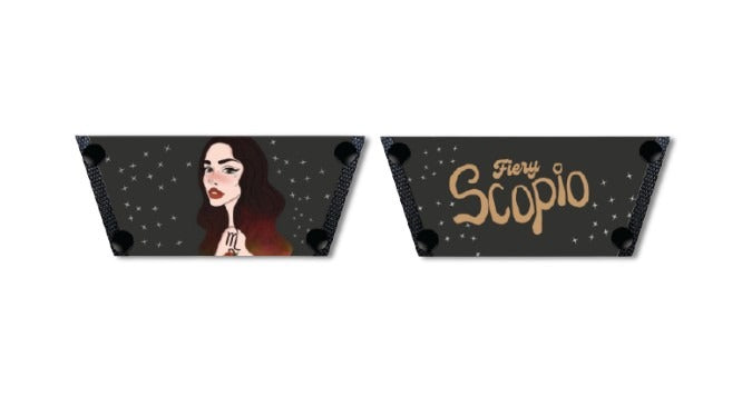 Close-up of  dark charcoal Fiery Scorpio zodiac strap with gold stars  by Soule Footwear