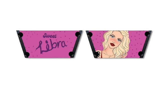 Close-up of  pink Sweet Libra zodiac strap with black snap clips by soule footwear