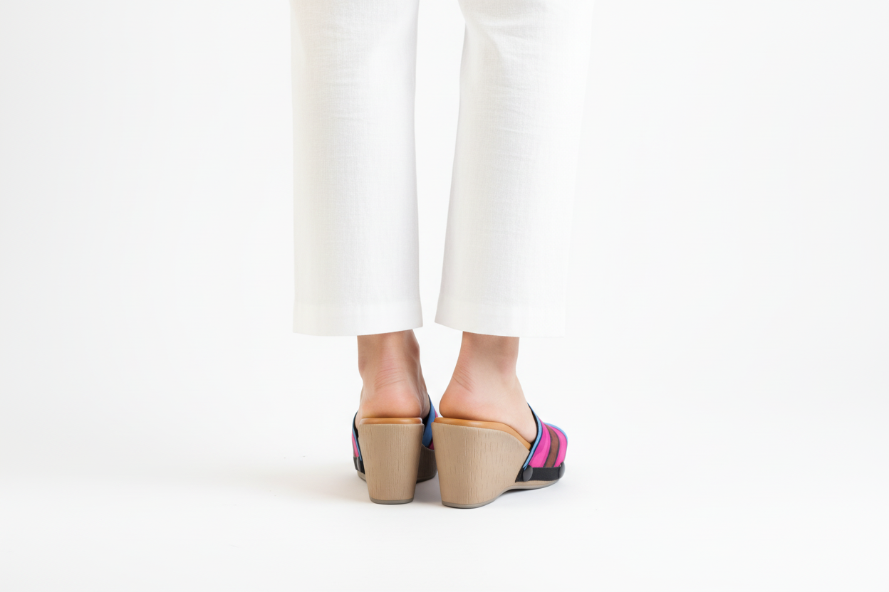Back view -Beige Brush Sole with aqua saddle groove strap – Soule interchangeable women's wedge sandal, available in UK 3–8