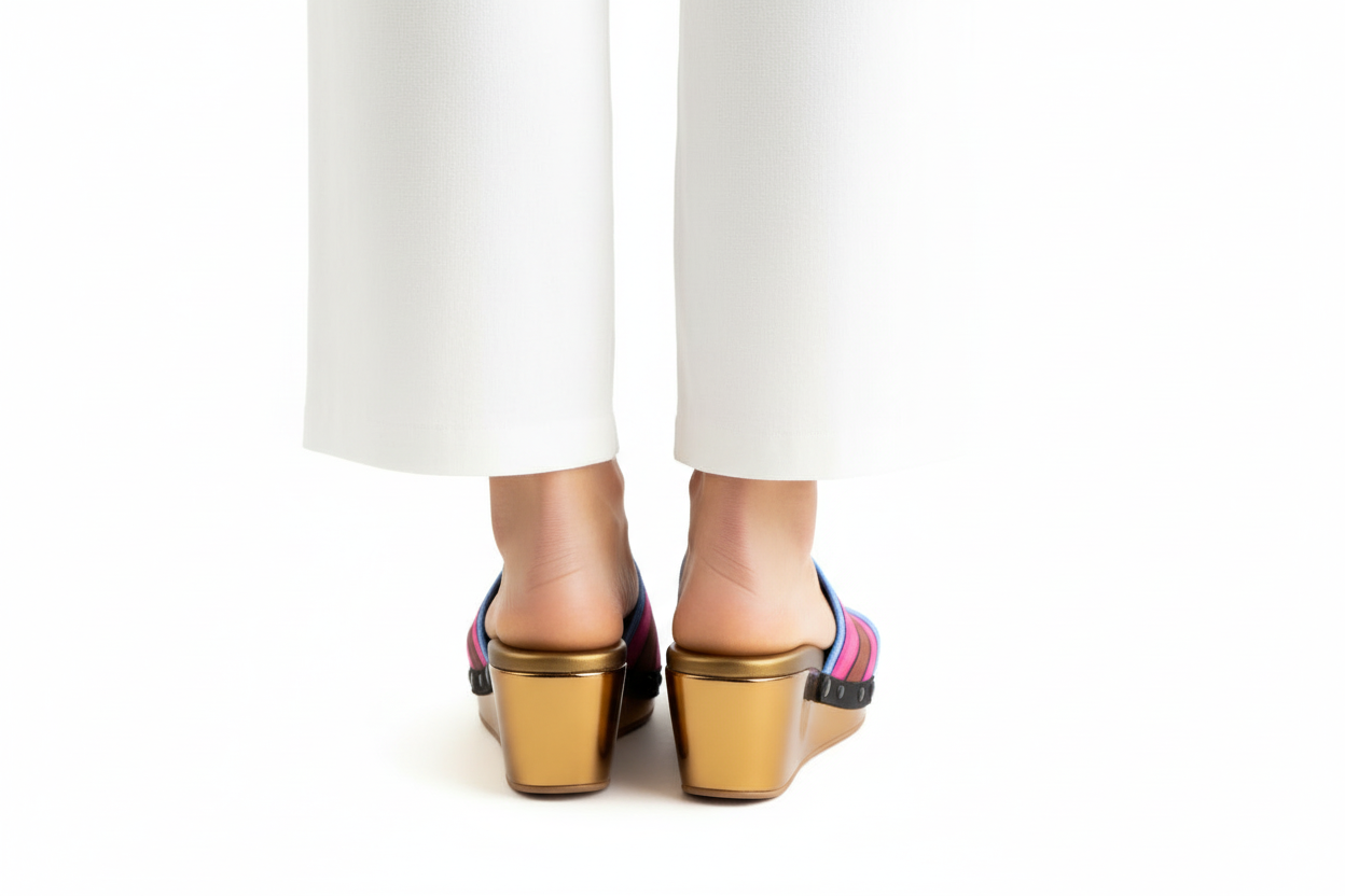 Back view -Metallic Muse Sole with aqua saddle groove strap – Soule interchangeable women's wedge sandal, available in UK 3–8