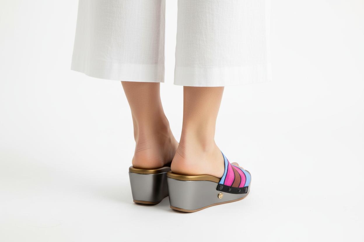 Back view of a model wearing Gun Metal Sole with aqua saddle groove strap – Soule interchangeable women's sandal, available in UK 3–8