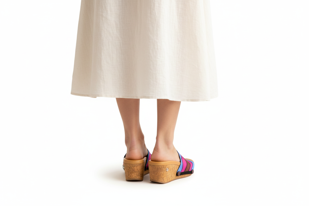 Back view Woman wearing Sand Dune Sole with multicolour striped strap – Soule interchangeable women's sandal, available in UK 3–8