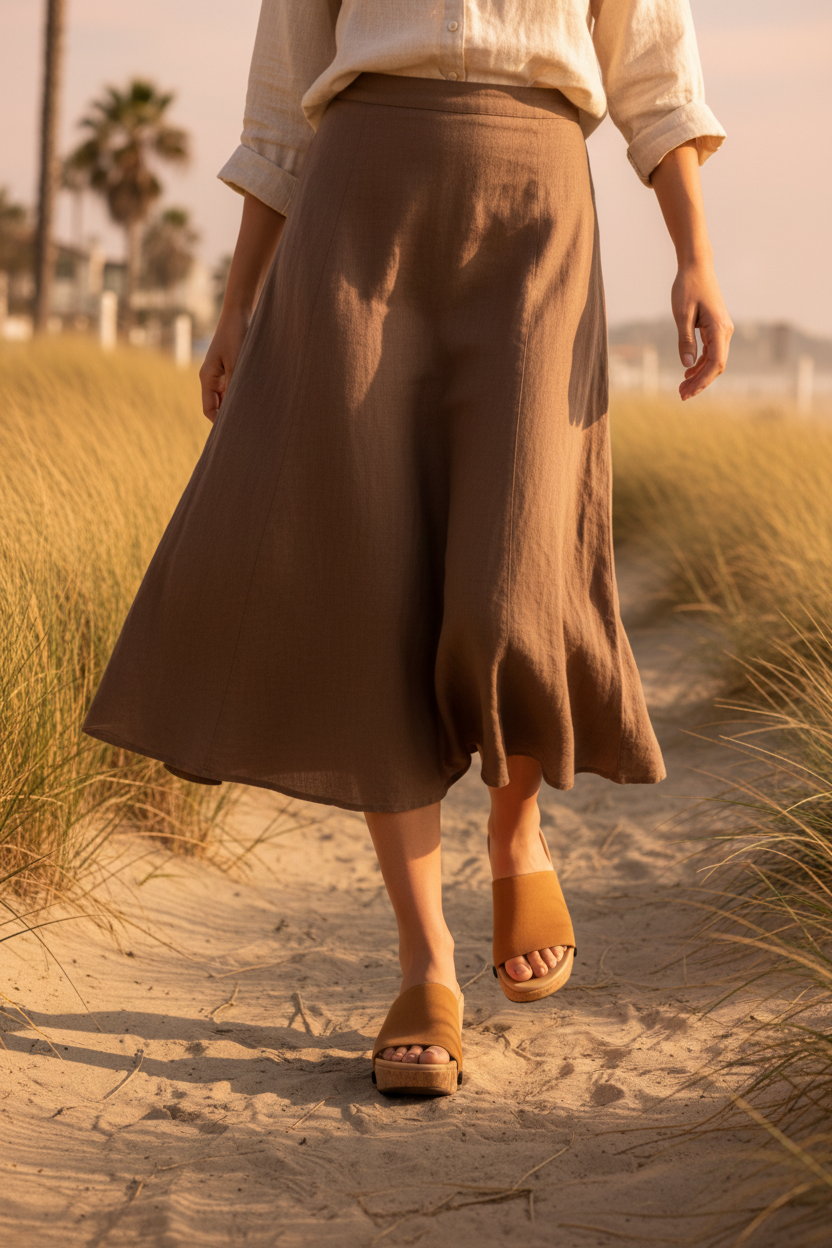Slim model wearing Soule cork wedge sandal with tan strap — brown midi skirt beach walk