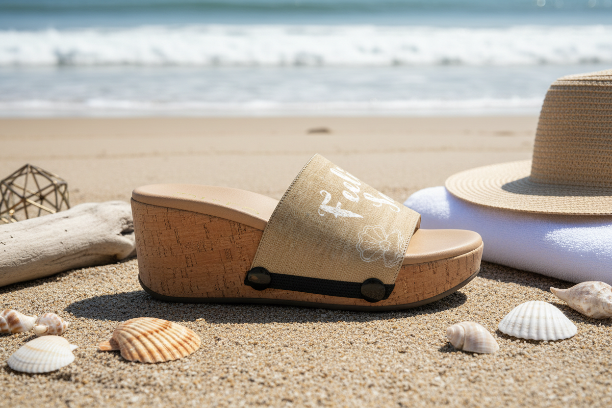 Feeling Salty snap-on strap styled on Soule sole — beach editorial shot