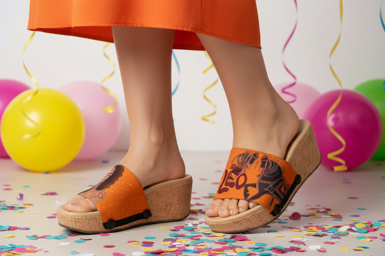 Close-up of cork wedge slide sandals with black snap clips and vibrant orange Bold Leo zodiac strap with curly-haired lioness illustration in a Birthday celebration by Soule Footwear close-up