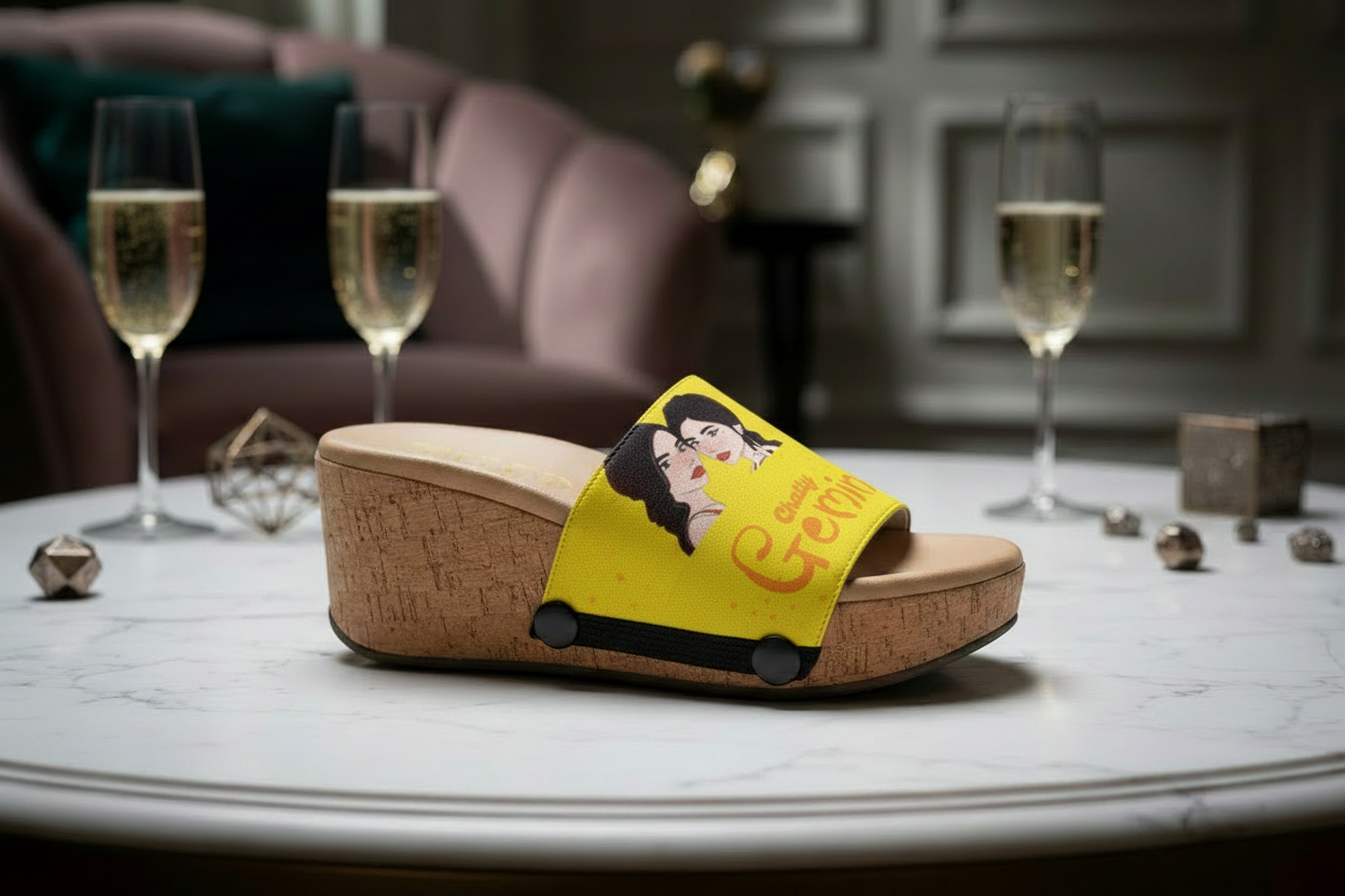 Close-up of cork wedge slide sandals with black snap clips and vibrant yellow Chatty Gemini zodiac strap in a birthday setting by Soule Footwear