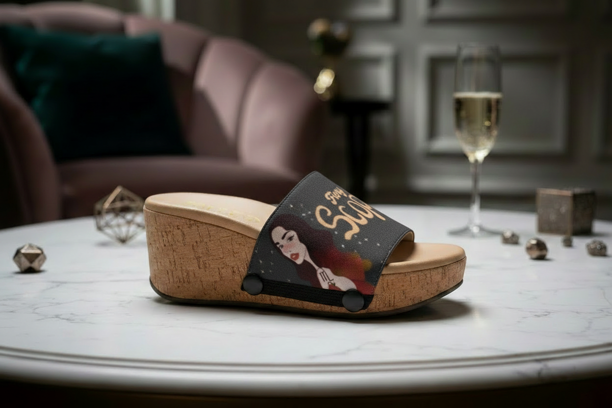 Close-up of cork wedge slide sandals with black snap clips and dark charcoal Fiery Scorpio zodiac strap with gold stars  by Soule Footwear