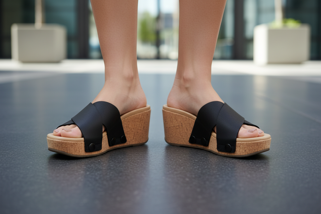 Close-up of cork wedge slide sandals with black snap clips and sleek black criss-cross straps on smooth polished concrete pavement by Soule Footwear