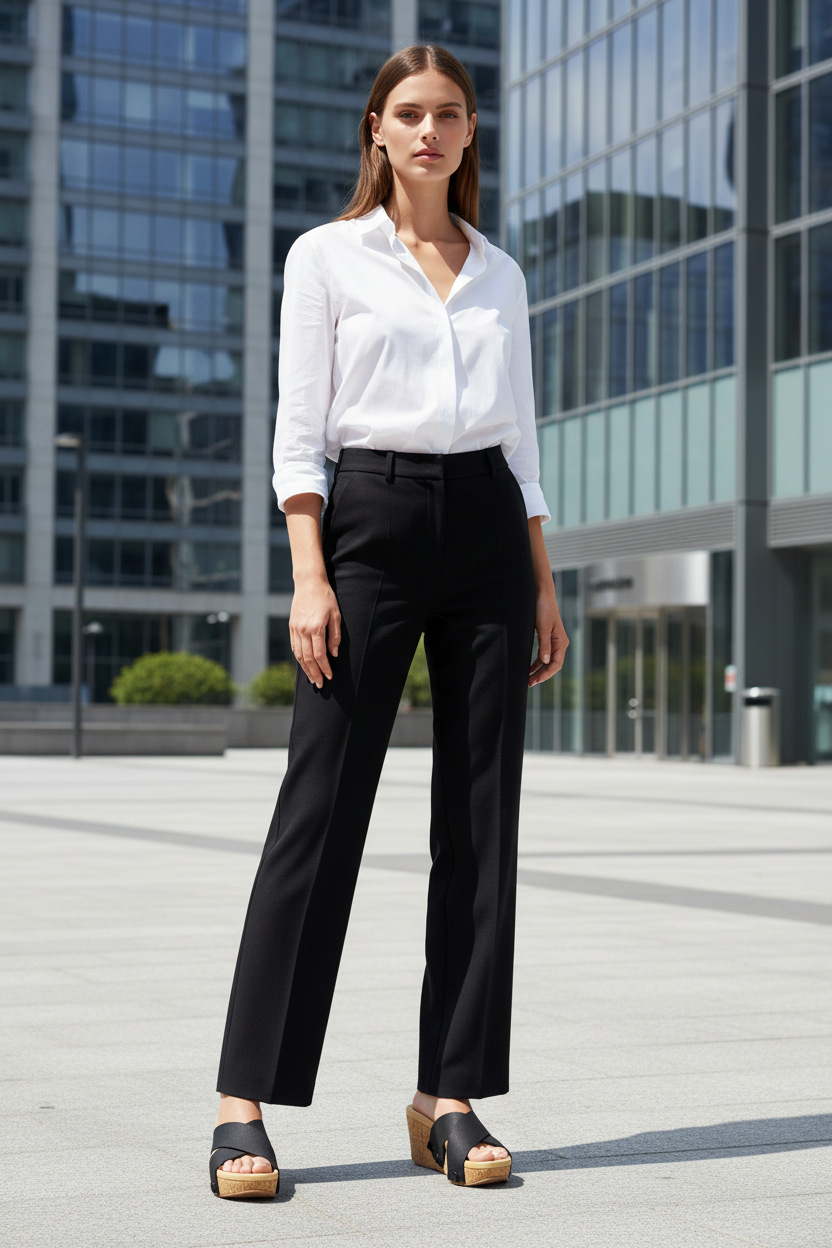 Full length shot of slim model in black midi dress wearing Black Criss Cross cork wedge sandals on a sleek modern city plaza by Soule Footwear