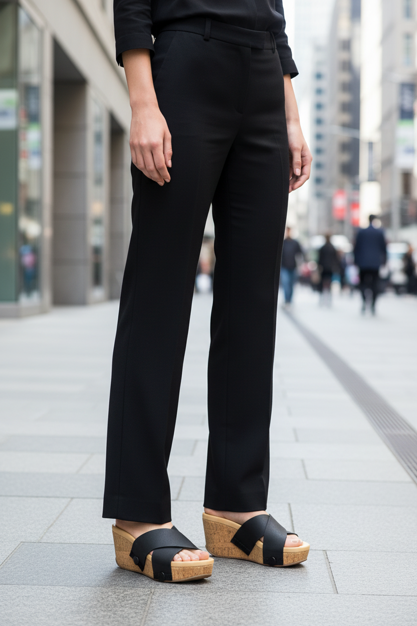 Mid-shot of slim model in smart casual black wide-leg trousers wearing black criss-cross snap-on strap cork wedge sandals on a chic urban street by Soule Footwear