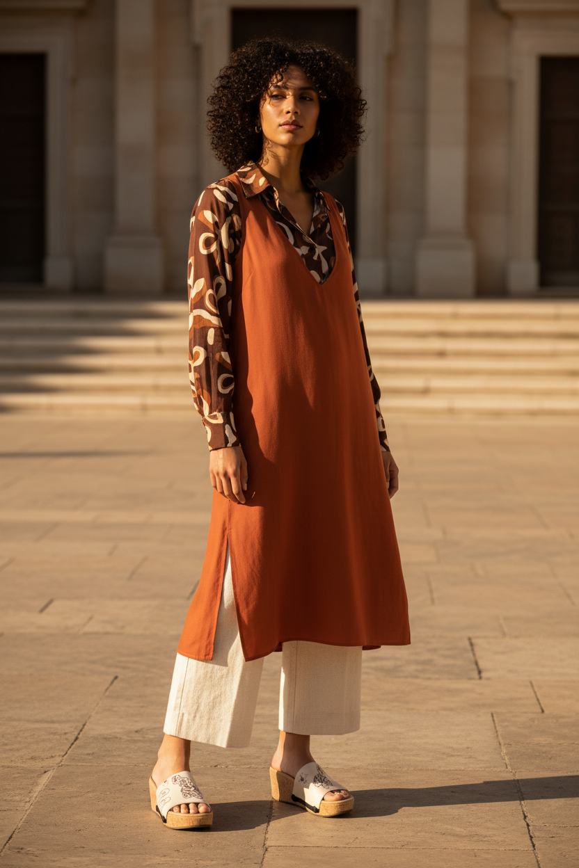 Full length shot of slim model in flowing burnt orange midi dress wearing Bold Leo zodiac cork wedge sandals on a warm sun-drenched city rooftop by Soule Footwear