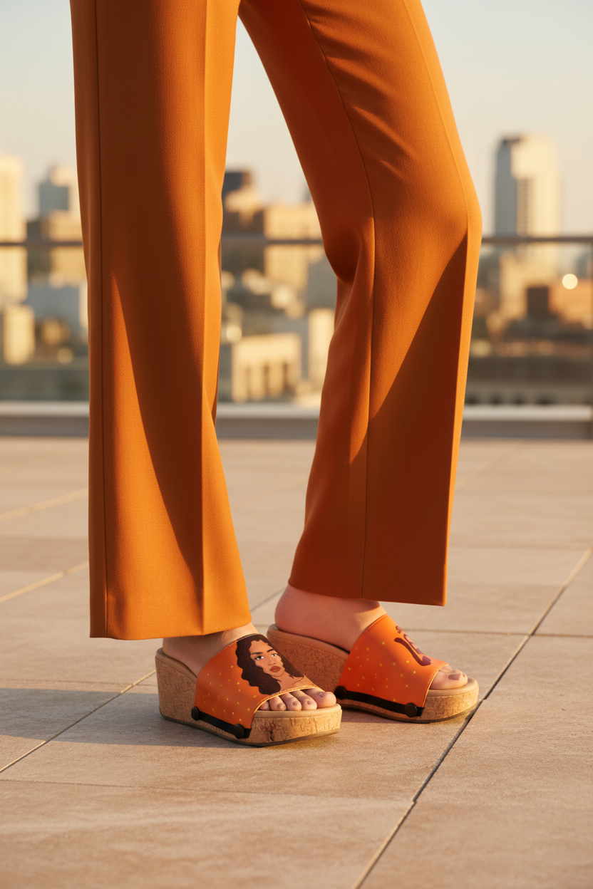 Mid-shot of slim model in smart casual camel outfit wearing orange Bold Leo zodiac snap-on strap cork wedge sandals on a golden hour rooftop terrace by Soule Footwear