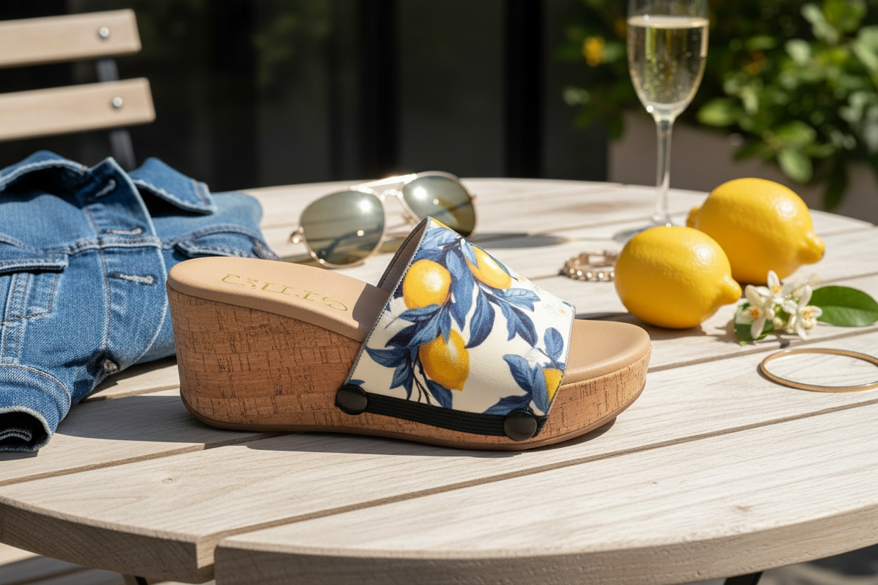 Lemon Grove snap-on shoe strap cork wedge sandal styled on an outdoor table with fresh lemons and a glass of wine by Soule Footwear
