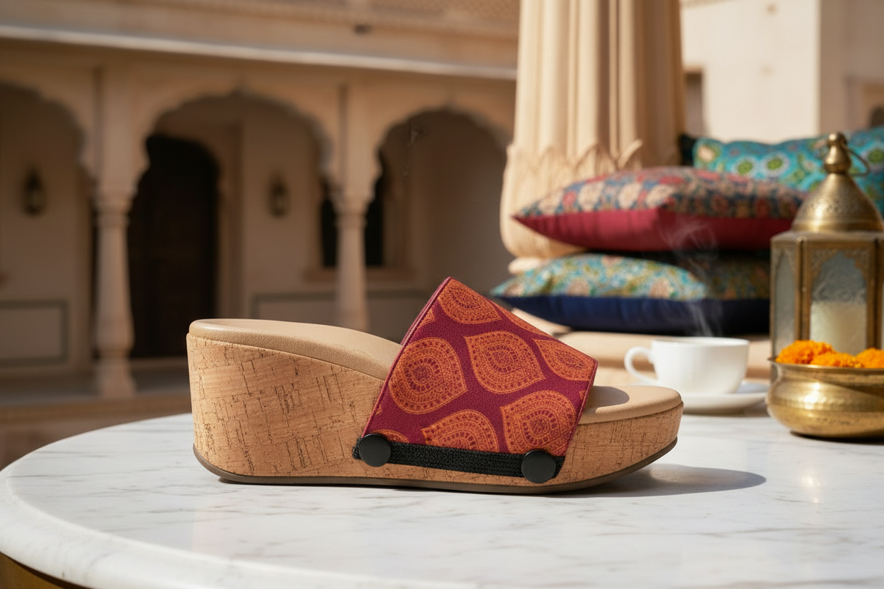 Casual day product shot of a  pair of women's shoe with straps with a mandala pattern in orange and purple colors by soule footwear with Indian aesthetic