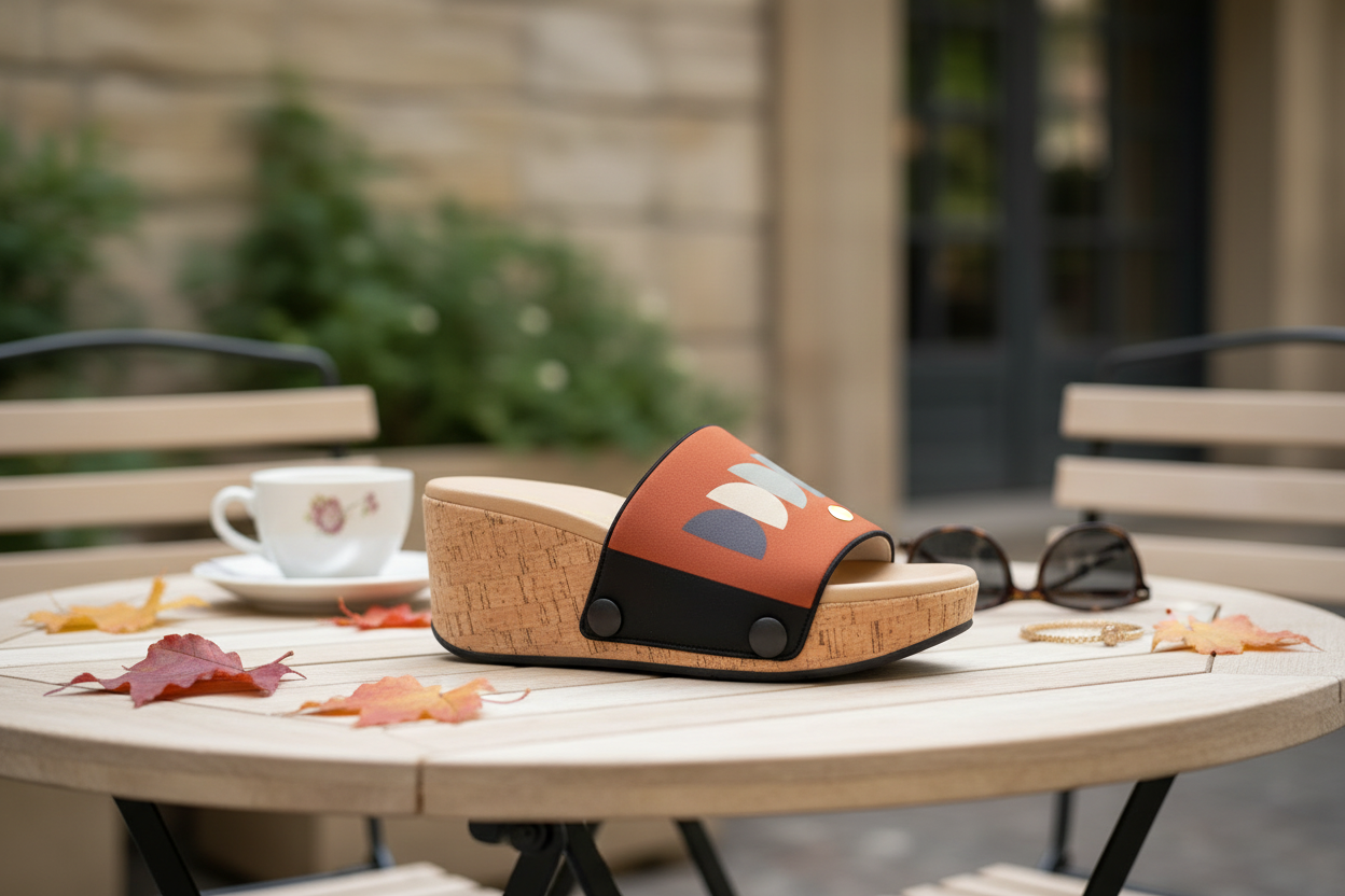 Abstract Pebbles snap-on shoe strap close-up on cork wedge - terracotta with white and grey abstract shapes by Soule
