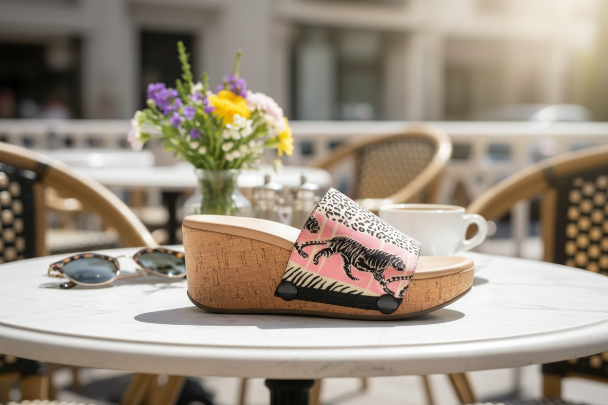 Wild Majesty snap-on shoe strap set close-up on cork wedge - animal print leopard stripes by Soule