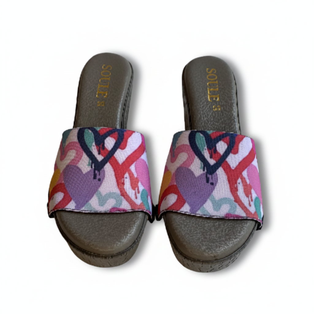 Cheerful Hearts interchangeable shoe strap pair — bold graffiti hearts print in pink, red, yellow, purple and teal on white, by Soule Footwear