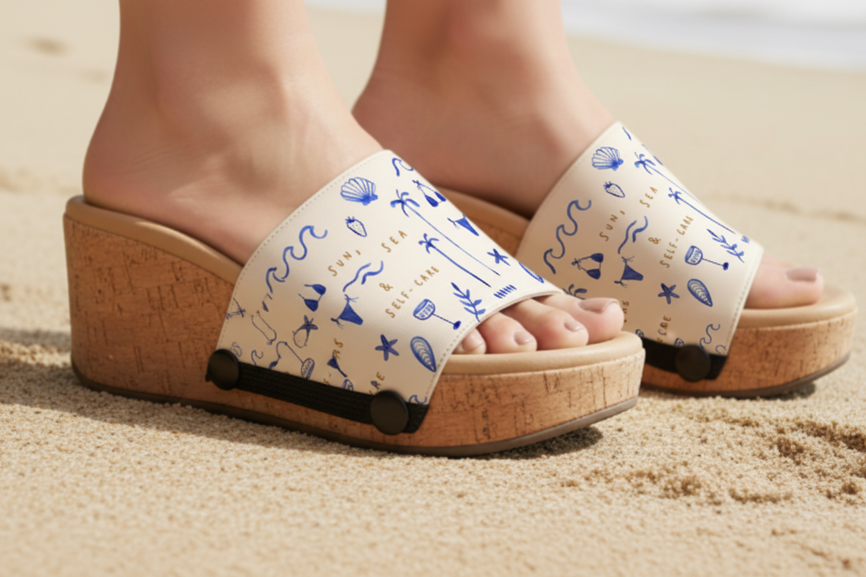 Close-up of Sun & Sea interchangeable strap on cork wedge sole by Soule Footwear on sandy beach
