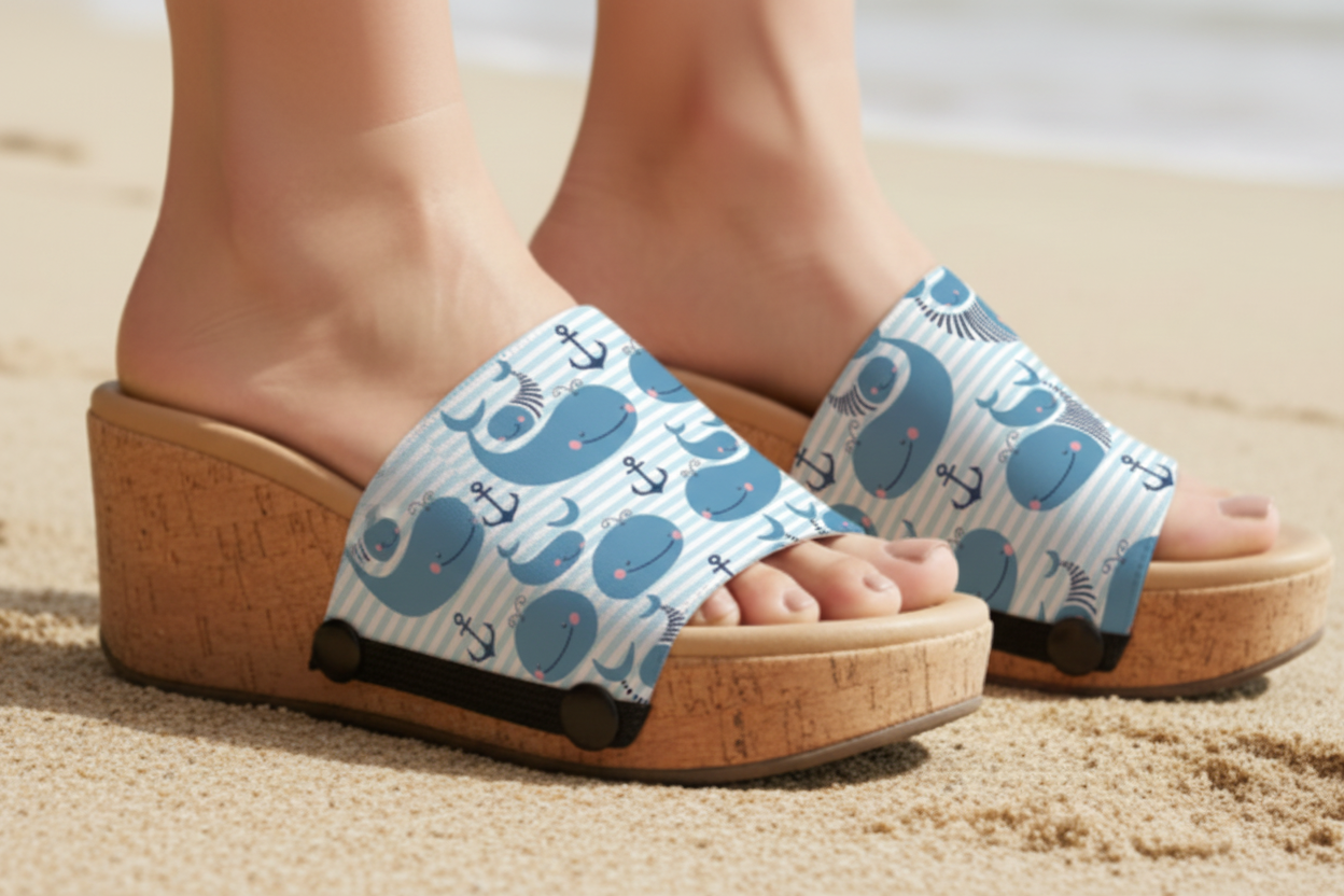 Close-up of Whale of a Time interchangeable strap on cork wedge sole by Soule Footwear on sandy beach