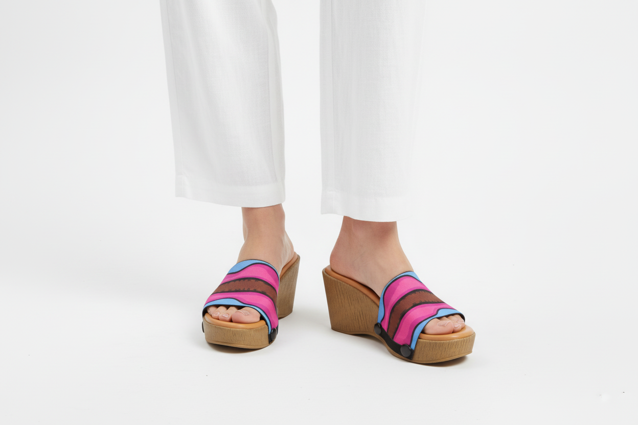 Close-up - Beige Brush Sole with aqua saddle groove strap – Soule interchangeable women's wedge sandal, available in UK 3–8