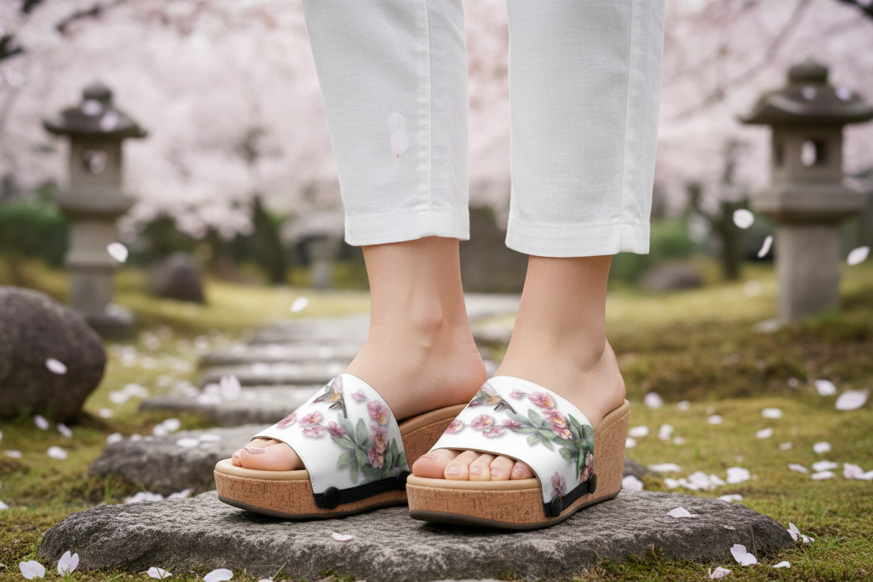 Blossom Bird snap-on shoe strap set close-up on cork wedge - watercolour hummingbird with pink cherry blossom spray and blossom only on white by Soule