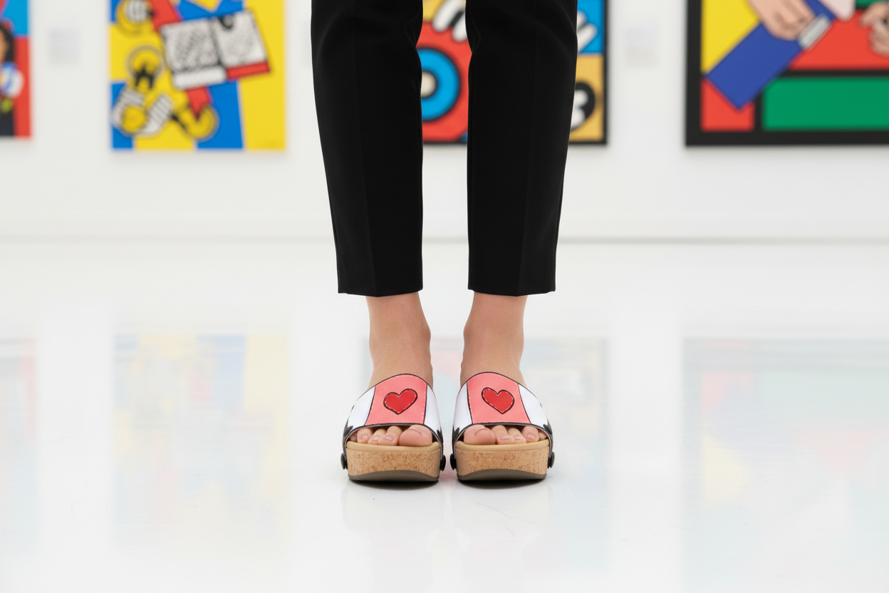Heartbeat snap-on shoe strap close-up on cork wedge - white with coral panel and bold red heart by Soule