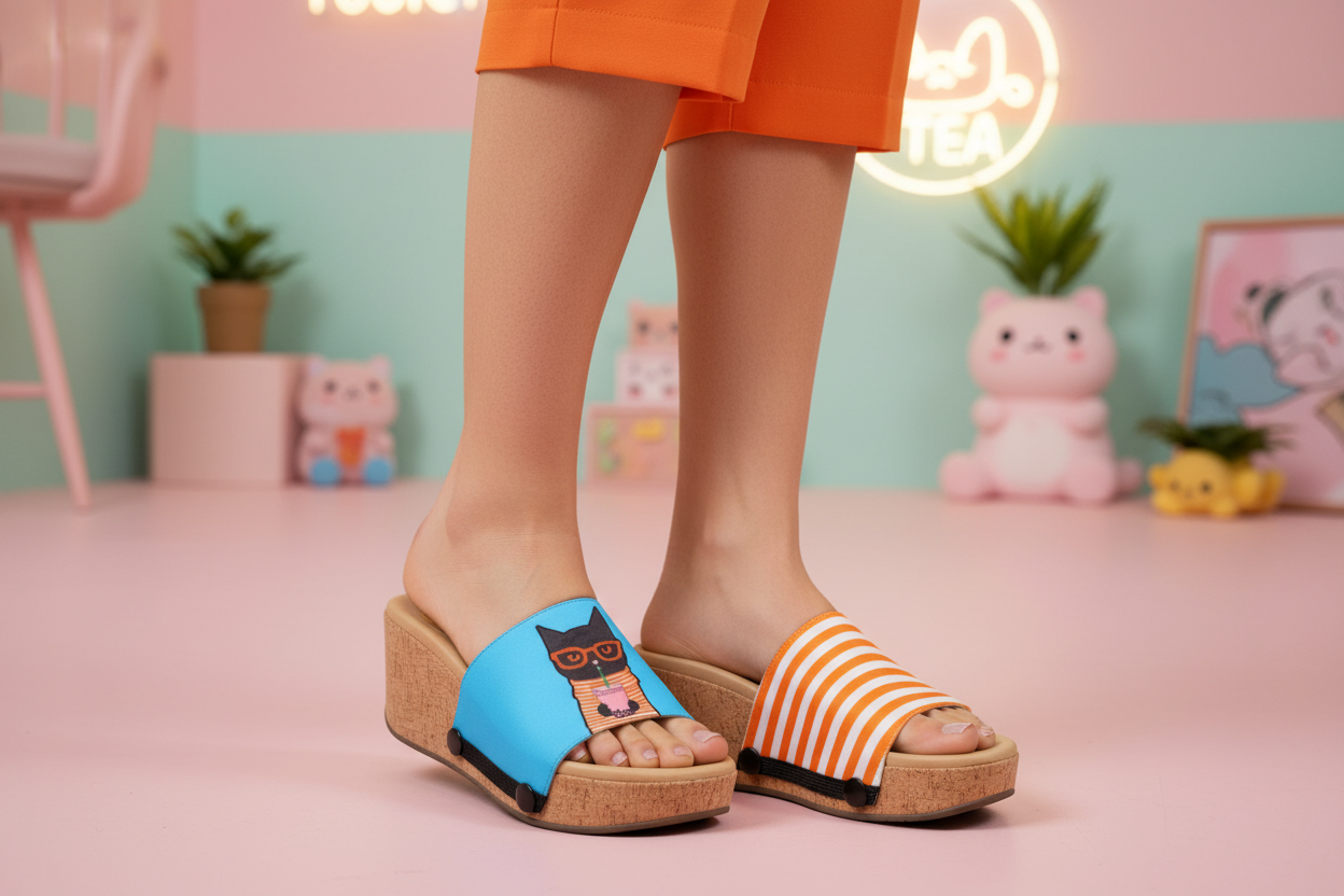 Bubble Tea Cat snap-on shoe strap set close-up on cork wedge - cool ginger cat in orange glasses with bubble tea on sky blue and orange stripes by Soule