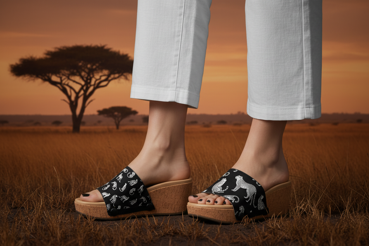 Cheetah Noir snap-on shoe strap set close-up on cork wedge - dense and editorial white cheetah print on jet black by Soule
