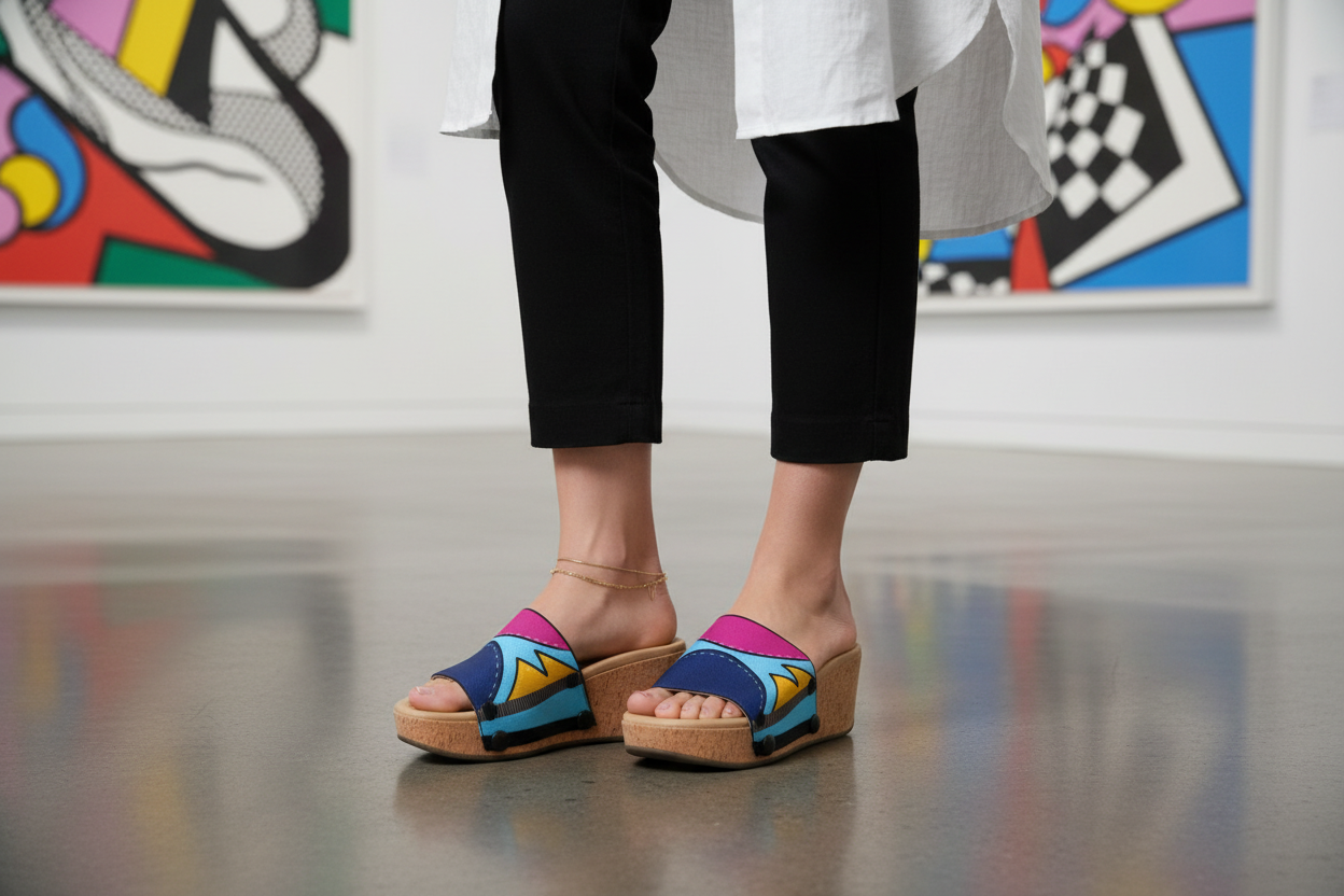 Comic Burst snap-on shoe strap close-up on cork wedge - sky blue with magenta, navy and gold lightning bolts by Soule