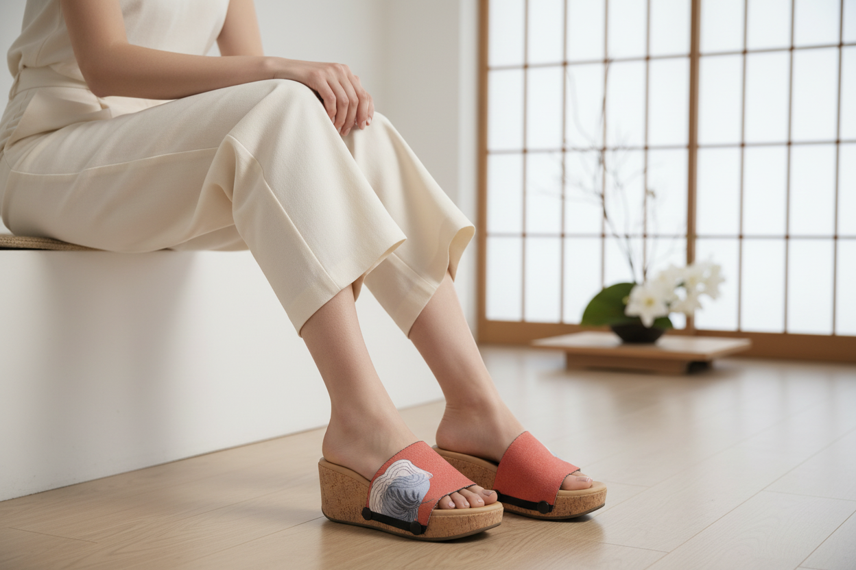 Elegant Modern Art snap-on shoe strap close-up on cork wedge - coral pink with white wave forms by Soule