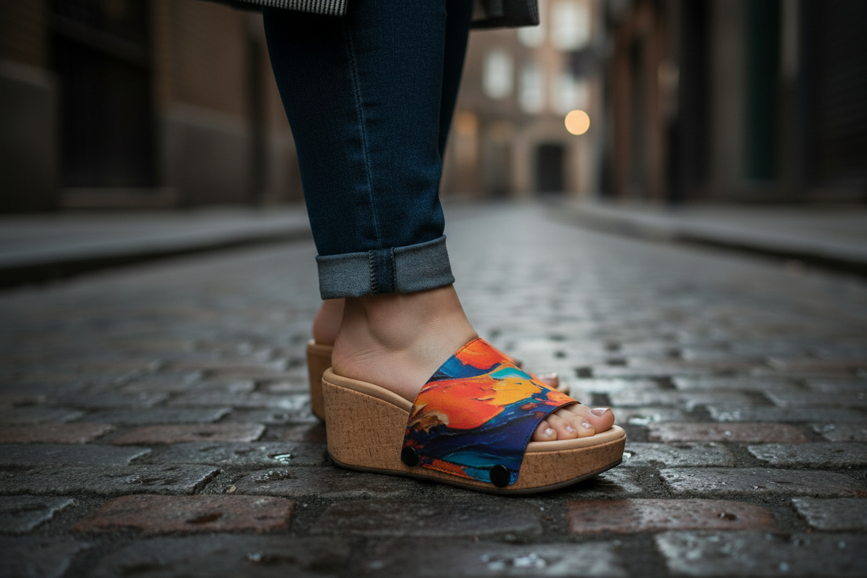Bold Fluid Art snap-on shoe strap close-up on cork wedge sole - orange red flame swirl by Soule